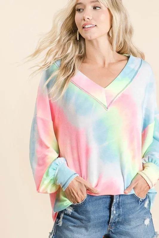 Bibi Tie Dye French Terry V-Neck Top with Puff Sleeves in Pink Multi | Women's Casual Boho Blouse | Perfect for Summer Outfits, Beach Wear & Music Festivals