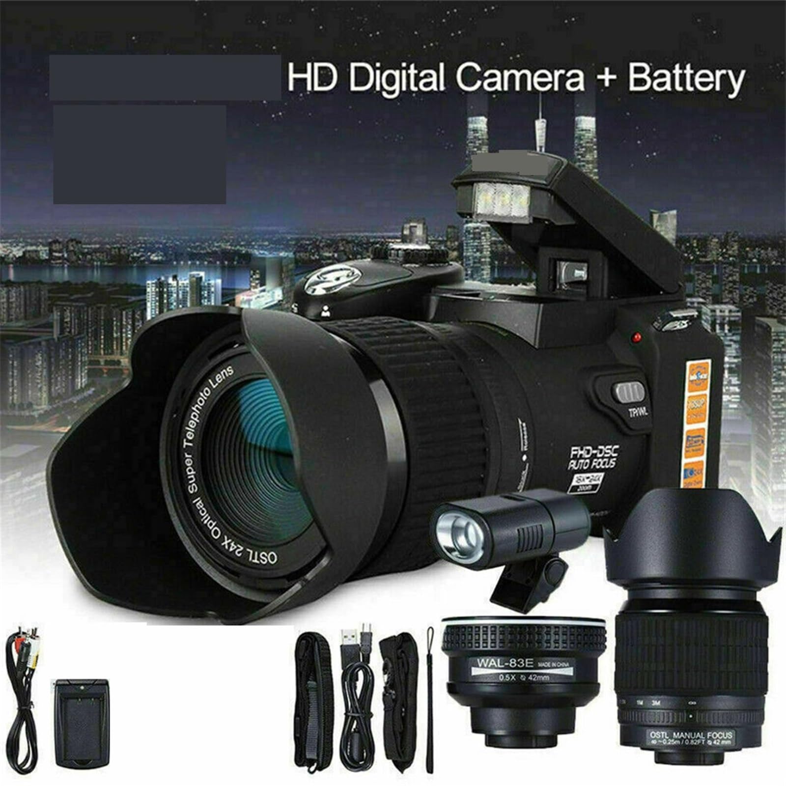 24X Optical Zoom Digital Camera with Auto Focus, 33MP DSLR Photography, 1080P HD Video Camcorder, 3 Lens Kit (Includes 64GB SD Card & Flashlight) - Perfect for Travel, Wildlife Photography, and Vlogging