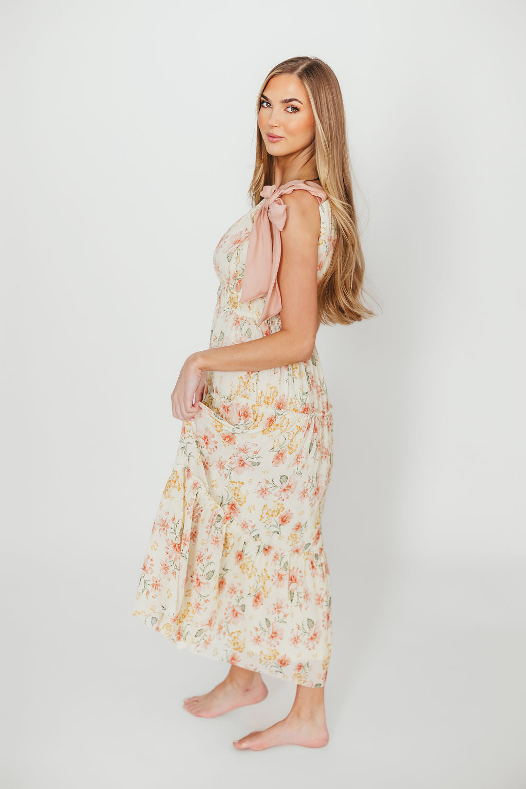 Ambrose Maxi Dress in Cream Coral Floral Print - Elegant Summer Beach Dress for Women, Perfect for Vacations, Weddings & Outdoor Parties