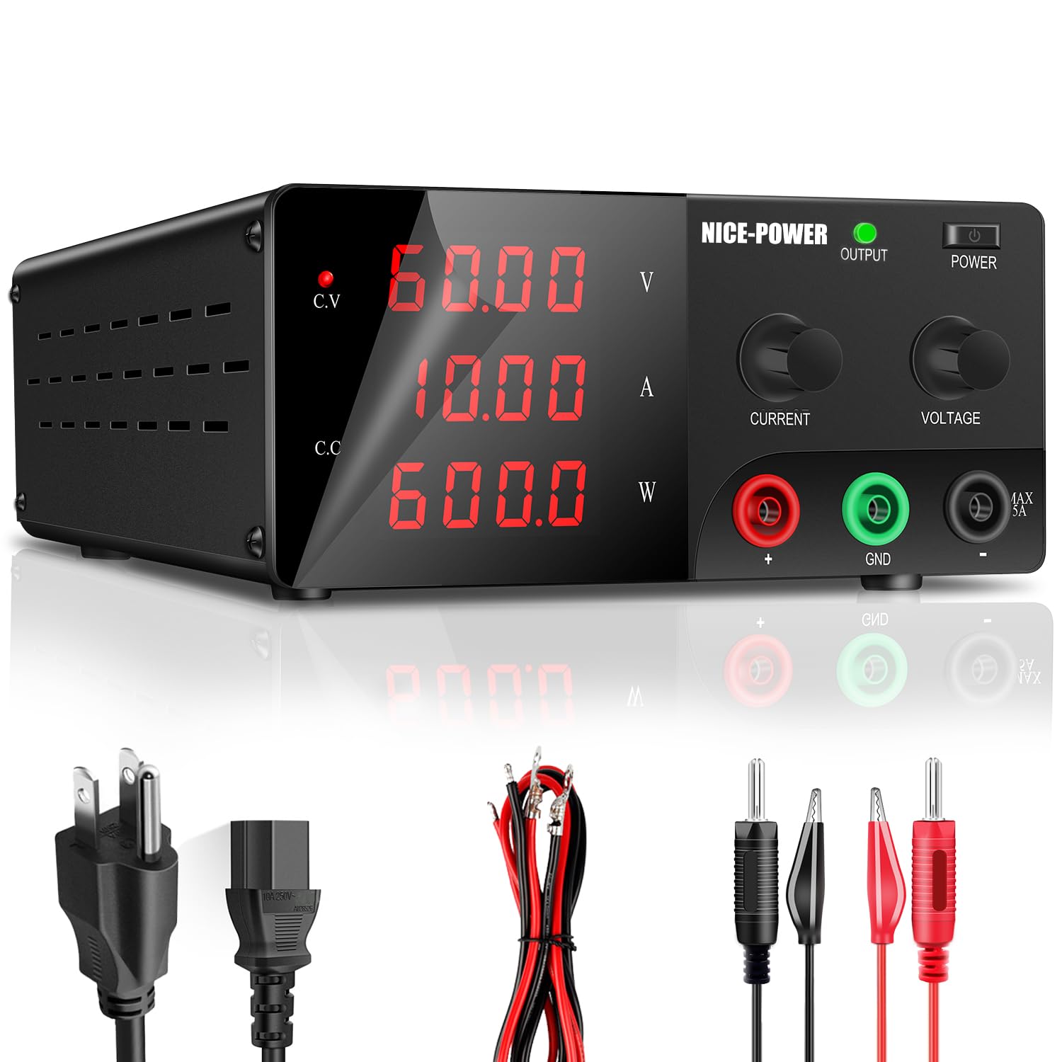 60V 10A 600W Adjustable DC Power Supply - Variable Lab Bench Power Supply with Encoder Knob & Output Switch | Precision Switching Regulated Power Supply for Electronics Repair, Testing & DIY Projects | Ideal for Circuit Debugging, Device Charging & School Labs