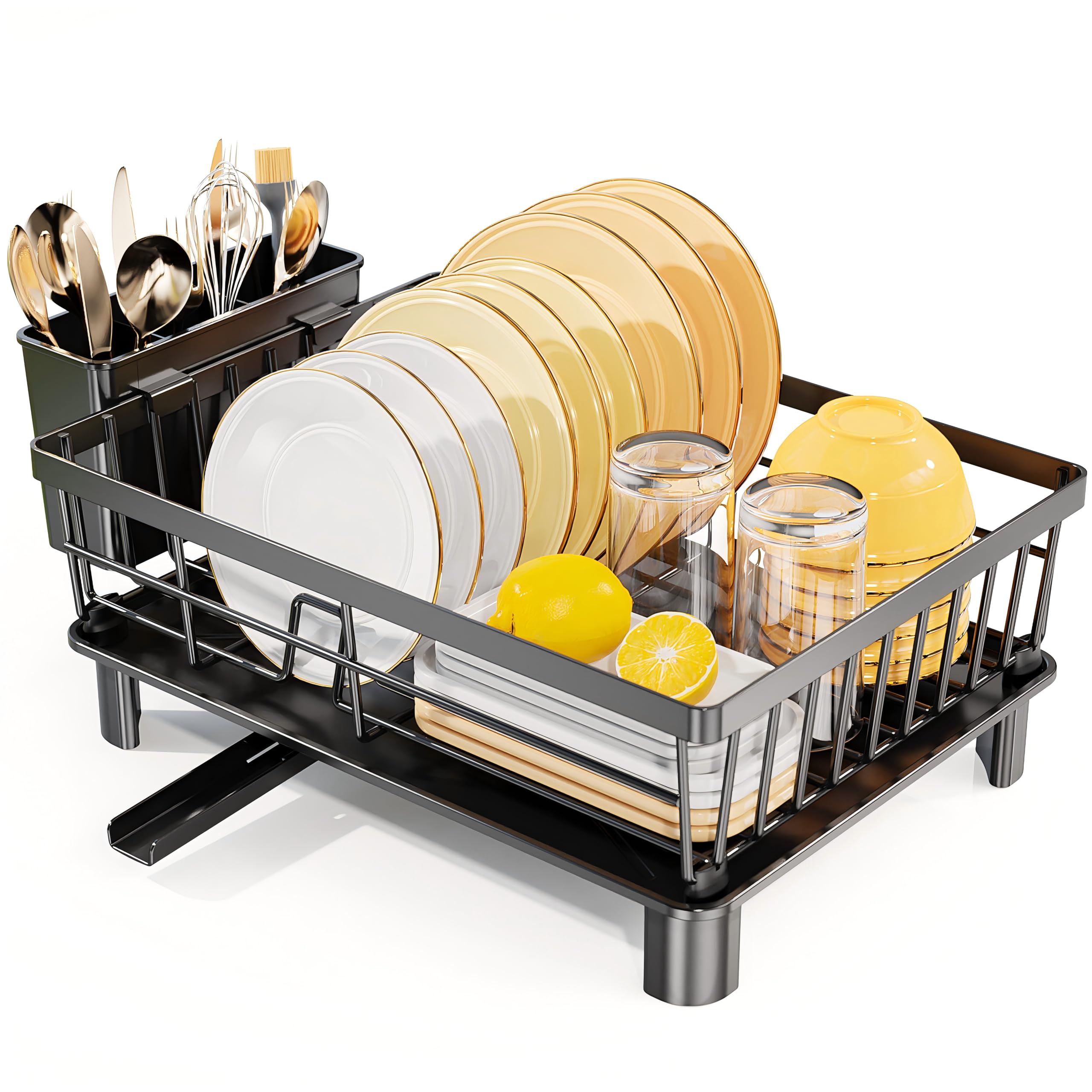 Stainless Steel Dish Drying Rack with Drainboard - Detachable Kitchen Counter Organizer with Utensil Holder - Space Saving Dish Drainer Shelf for Dishes, Cups & Cutlery - Perfect for Small Kitchens & Apartments (Black)