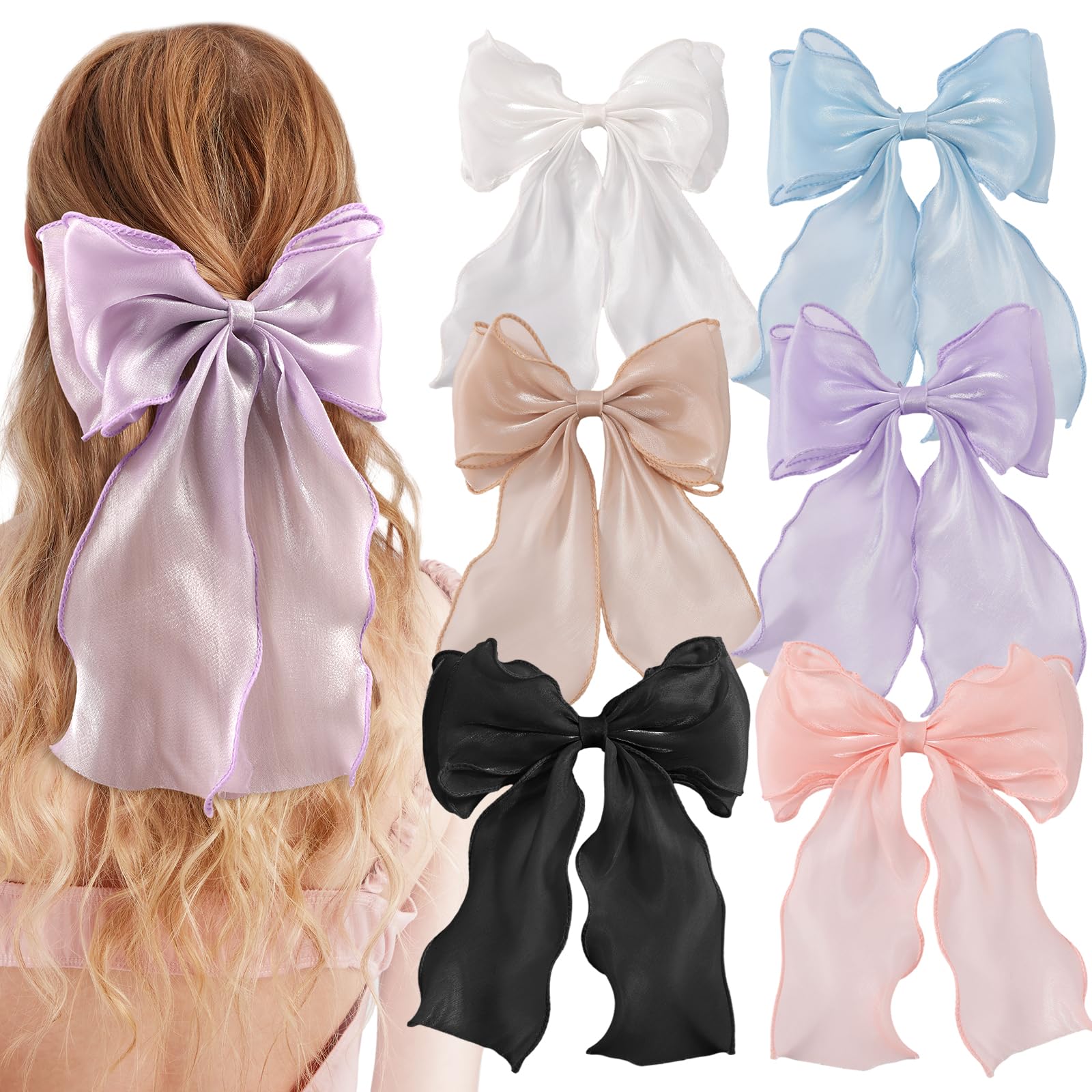 6PCS Women's Hair Bows - Soft Chiffon Bow Hair Clips with Metal Clasp, Bright Color Hair Ribbons for Girls & Women - Perfect for Parties, Weddings, School & Daily Hair Accessories Gift Set