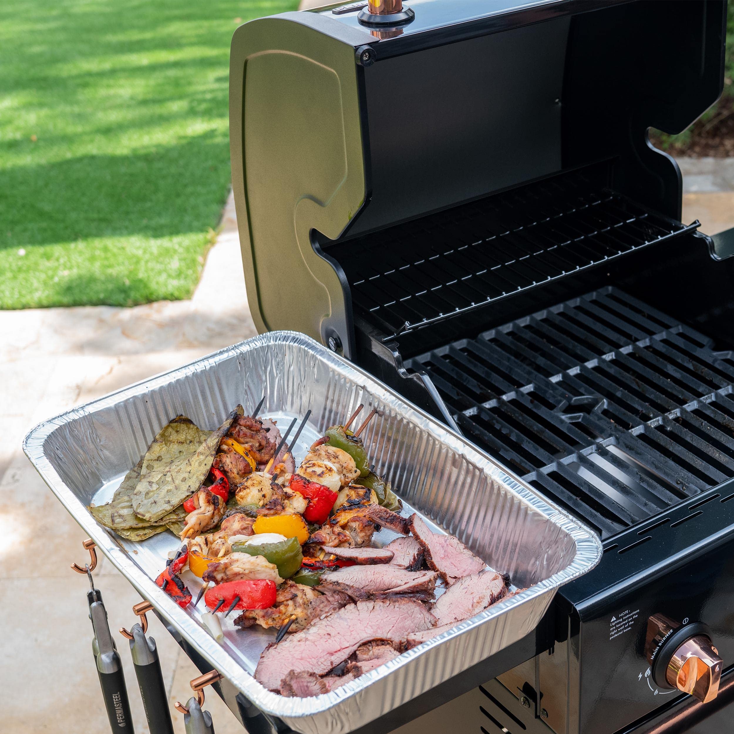 Premium Permasteel 2-Burner Propane Gas Grill with Foldable Side Shelves & Tool Hooks - Outdoor BBQ Grill for Backyard, Patio, Camping & Tailgating - Durable Black/Copper Design - Perfect for Family Gatherings & Summer Cookouts