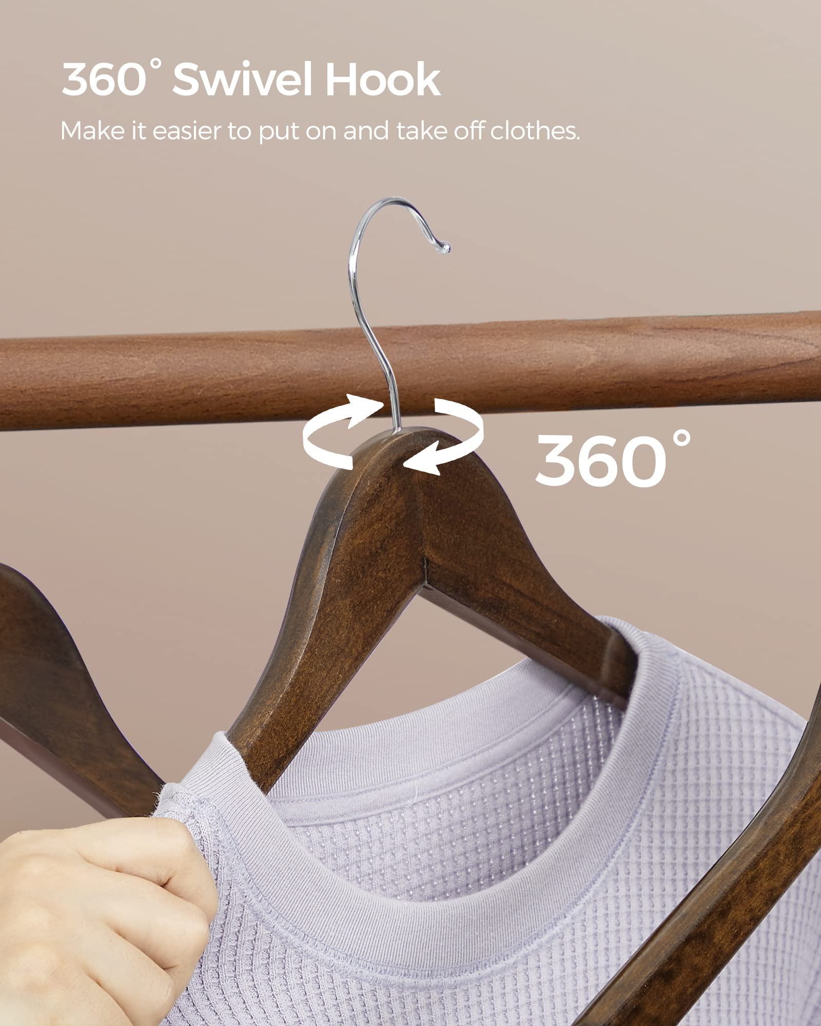 SONGMICS 20-Pack Wooden Hangers with Shoulder Notches & Swivel Hook - Non-Slip Dark Walnut & Silver Coat Hangers for Jackets, Shirts, Suits - Perfect for Closet Organization & Wardrobe Storage