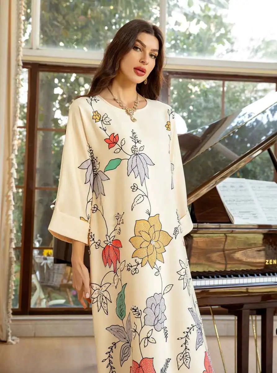 Elegant Hotfix Rhinestone Beaded Caftan Dress for Women - Perfect for Eid Celebrations, Weddings & Special Occasions