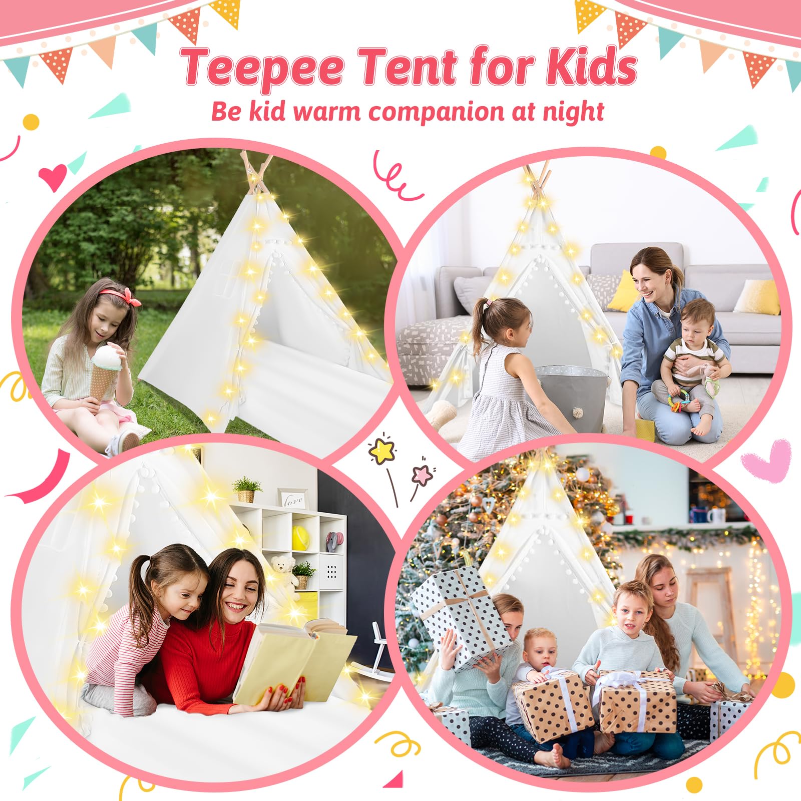 4-Pack Kids Teepee Tents for Sleepovers & Slumber Parties - Includes Inflatable Airbed, Fairy Lights & Washable Cotton Play Tent for Toddlers (White) - Perfect for Indoor Camping, Birthday Parties & Playroom Decor