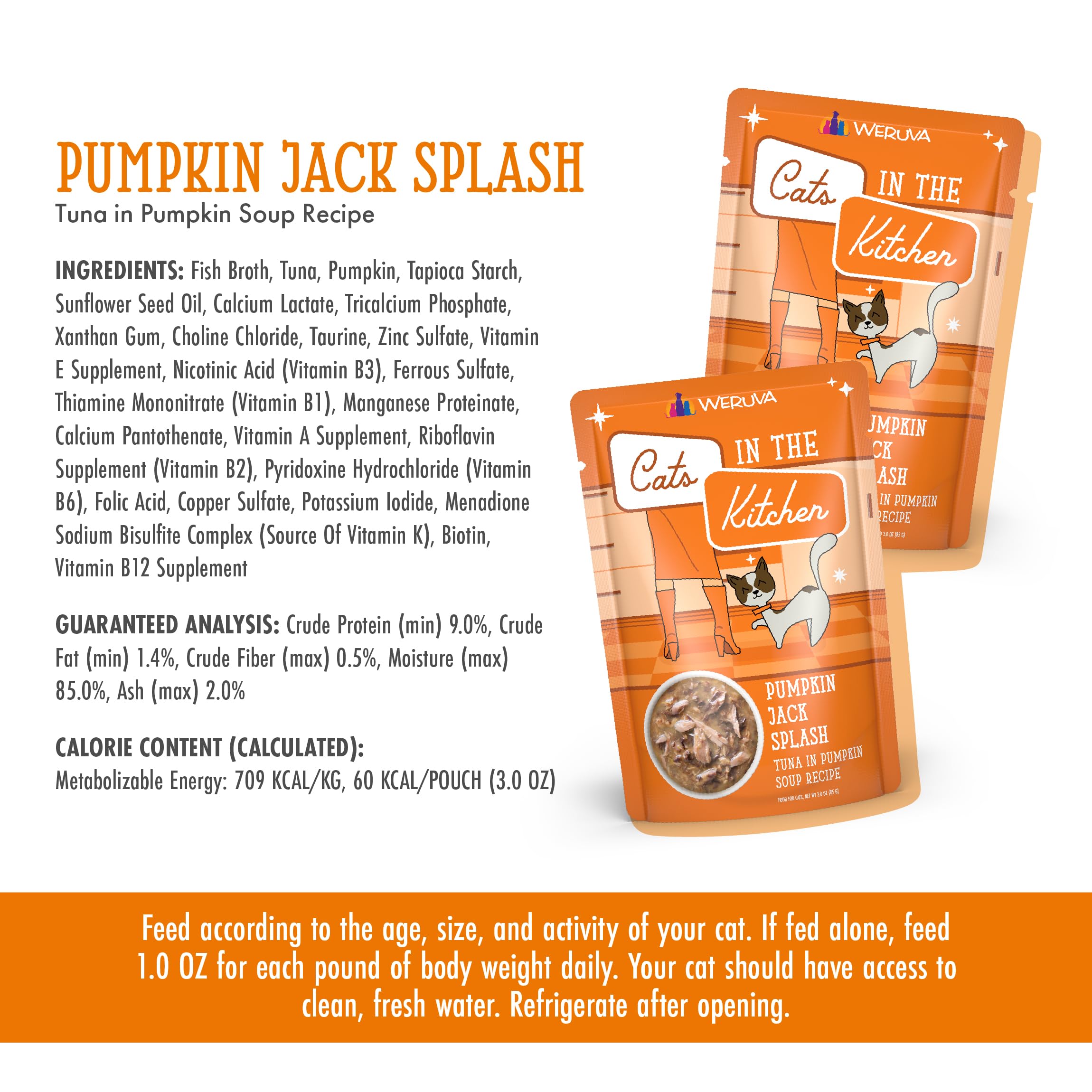 Weruva Cats in The Kitchen Pumpkin Jack Splash with Tuna in Pumpkin Soup Cat Food - Grain-Free, Natural Ingredients, 3oz Pouch (Pack of 12) - Perfect for Hydration & Digestive Health for Adult & Senior Cats