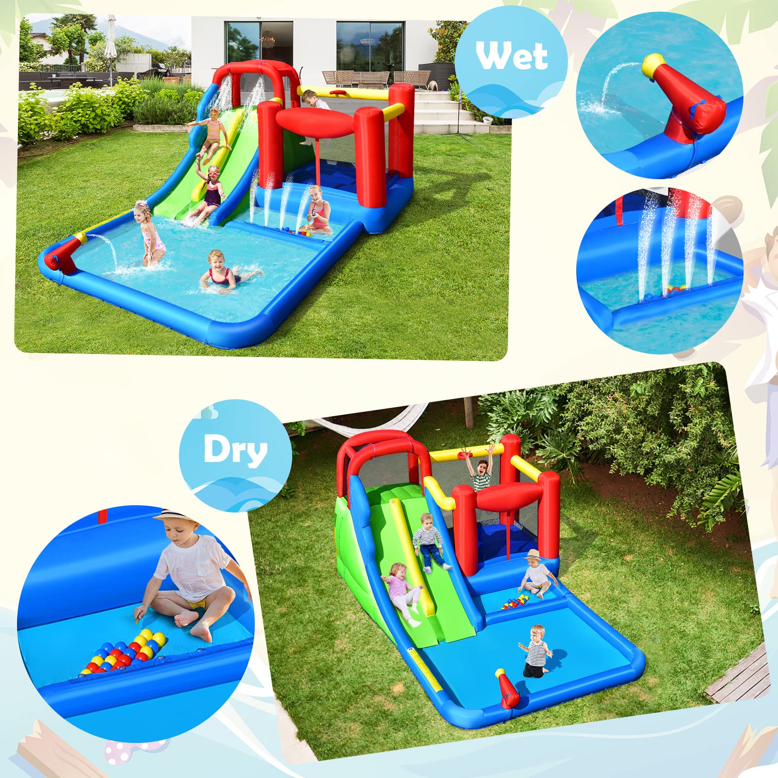 **HONEY JOY 7-in-1 Giant Inflatable Water Slide & Bounce House - Double Long Slide, Splash Pool, Backyard Water Park for Kids & Adults (Blower Not Included) - Perfect for Summer Parties, Birthdays & Outdoor Fun**