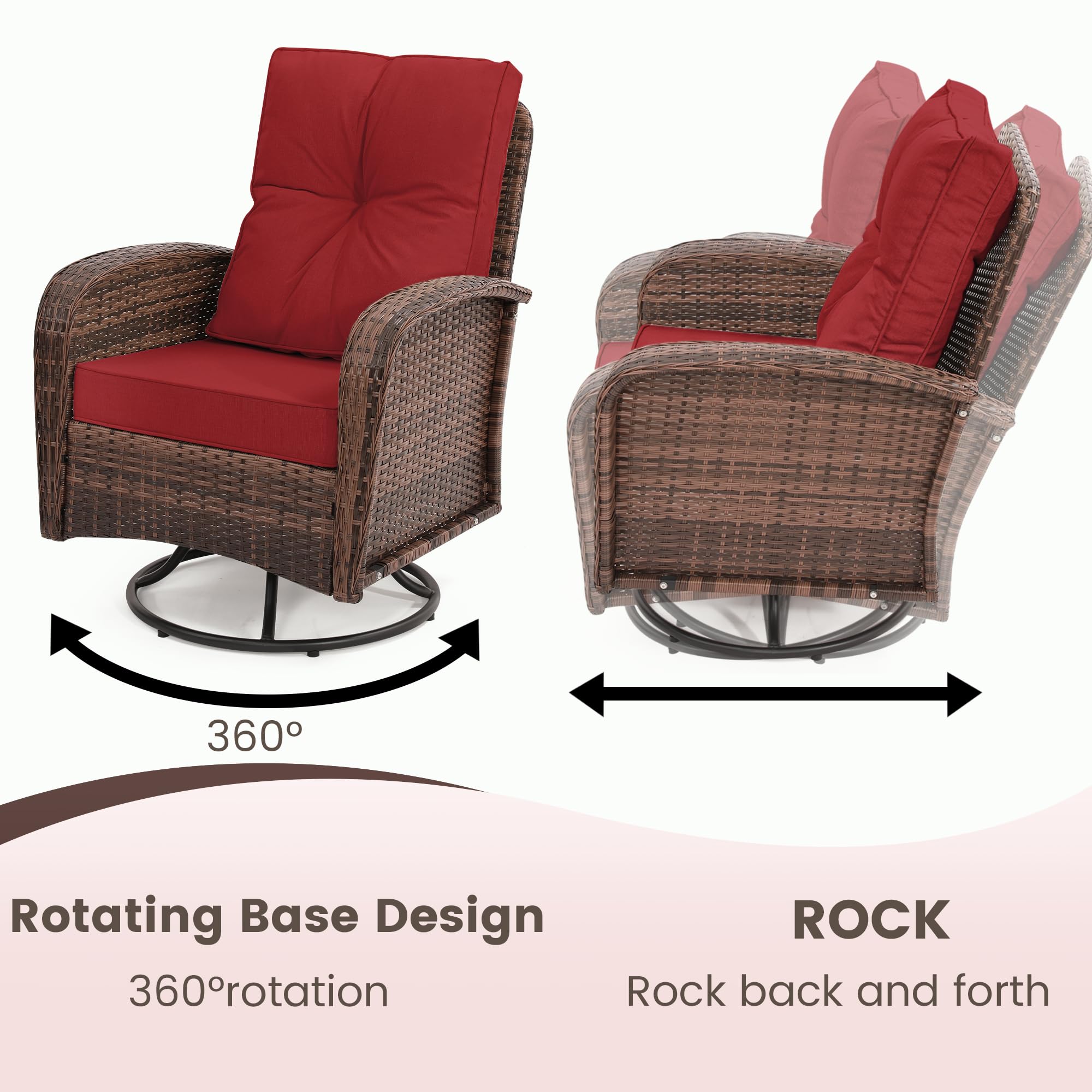 Kromax 3-Piece Patio Furniture Set - Outdoor Swivel Glider Rocker, Wicker Bistro Set with Rattan Rocking Chair & Glass Top Table - Thick Cushions for Porch, Deck, Garden or Backyard (Brown Rattan & Red Cushion) - Perfect for Relaxing, Entertaining & Outdoor Dining