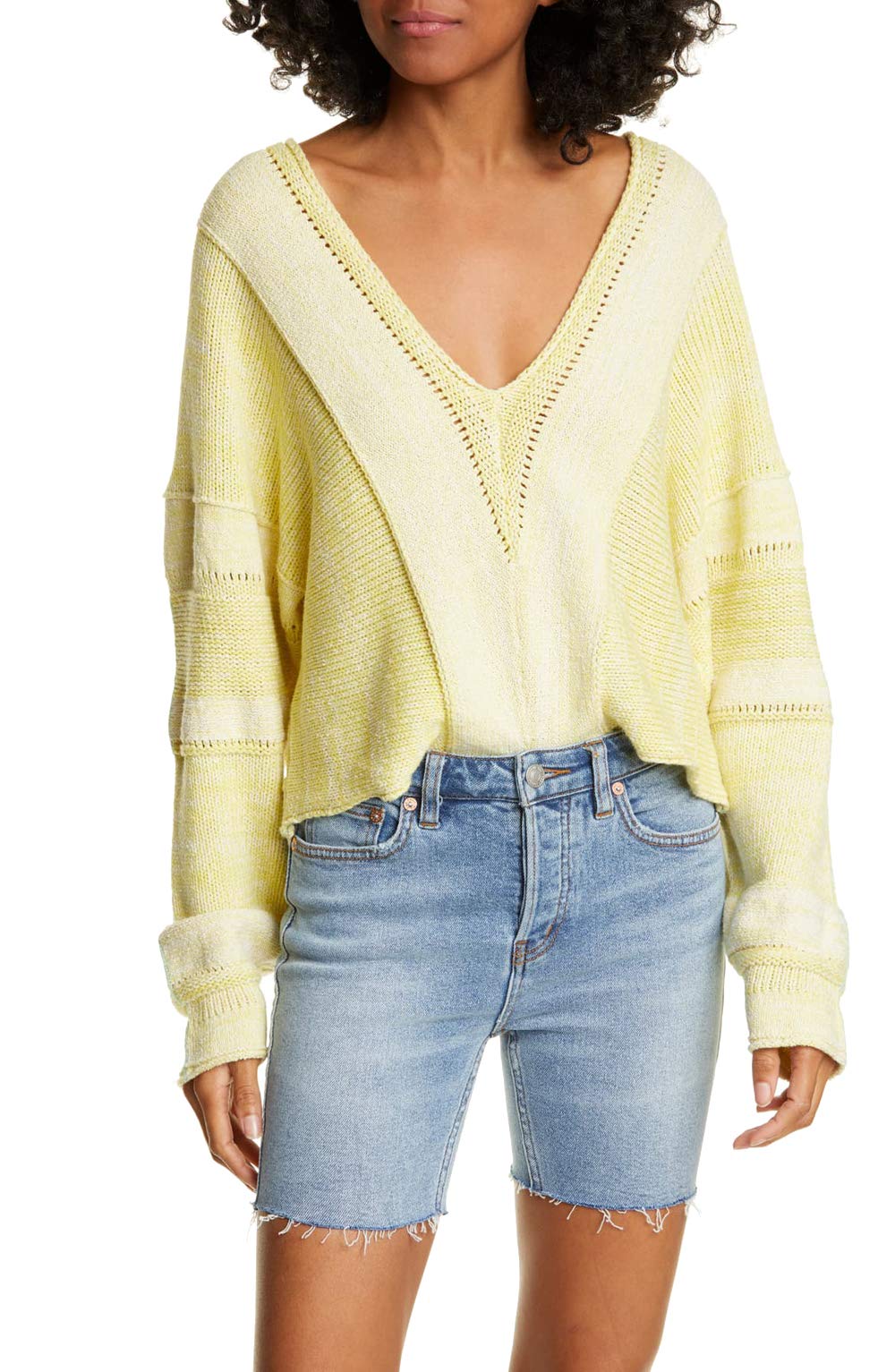 Free People Women's V-Neck Open Stitch Pullover Sweater - Yellow, Size M | Cozy Knit Sweater for Fall & Winter, Casual Outfits, Date Nights & Office Wear