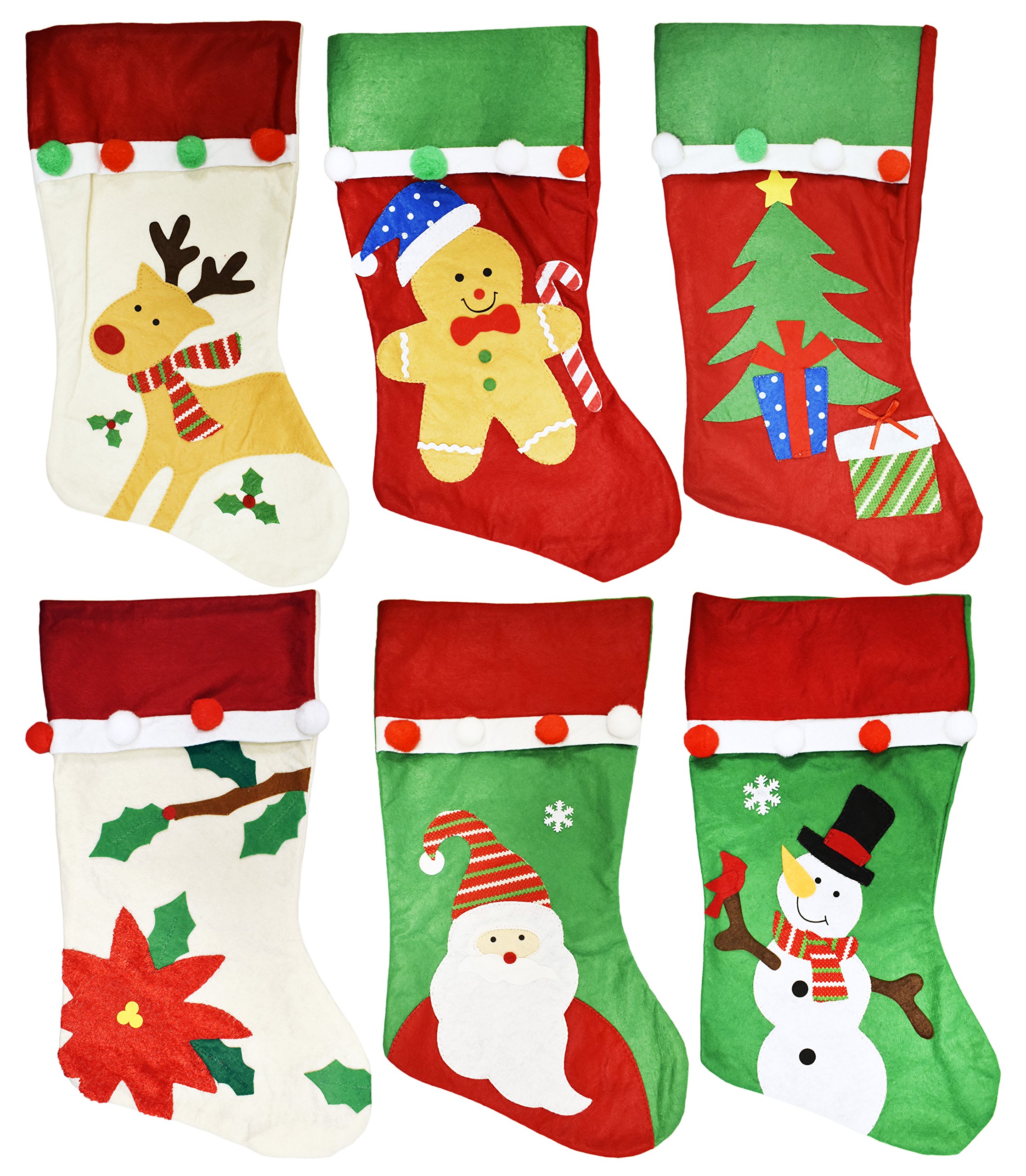 Black Duck Brand Set of 6 Christmas Holiday Embroidered Felt Stockings with Pompoms - 18 Inch Hanging Stockings for Fireplace Decor - Perfect for Stuffing Gifts, Candy & Holiday Treats - Festive Xmas Decorations for Home, Party & Gift Exchange