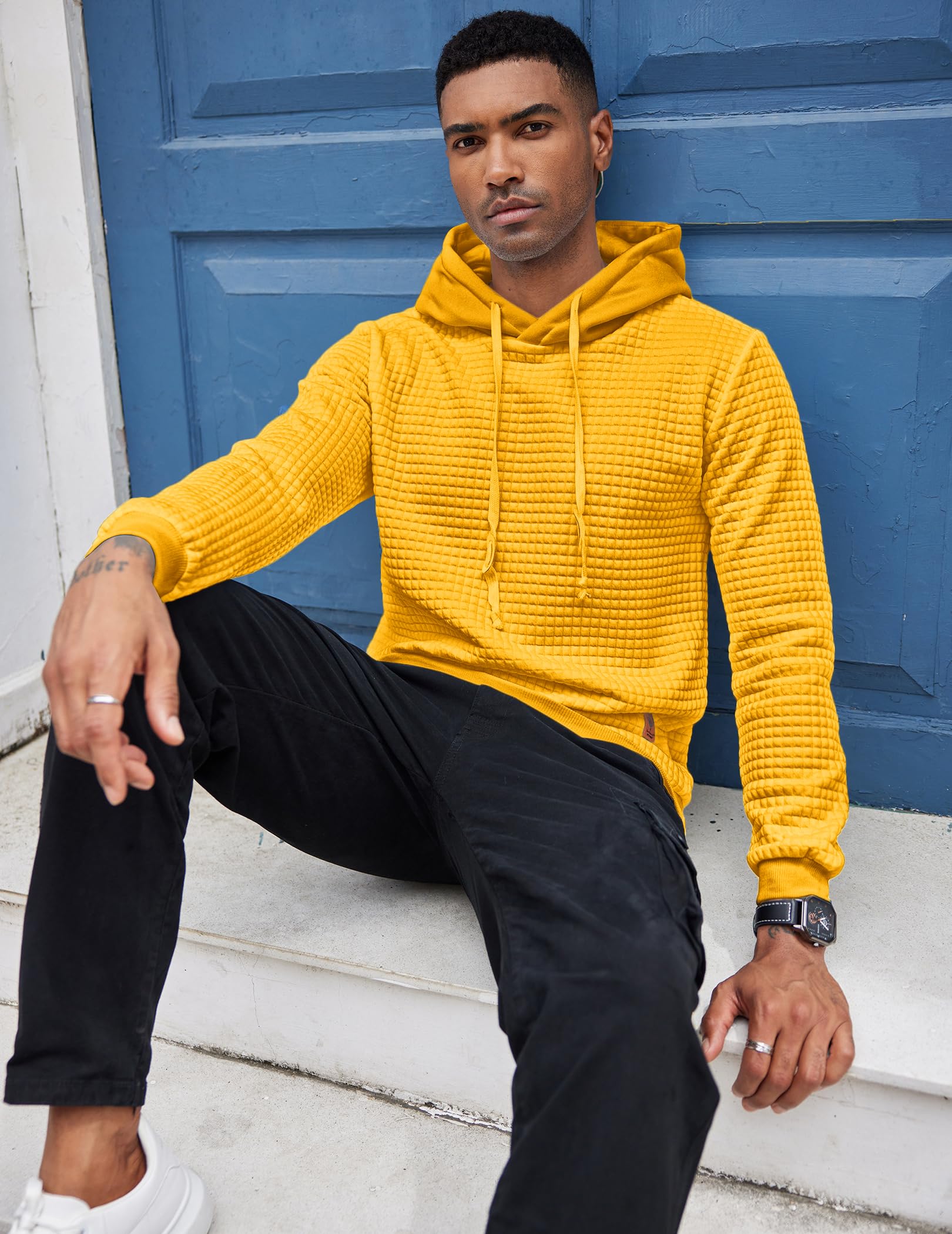 COOFANDY Men's Casual Hooded Sweatshirt - Long Sleeve Waffle Knit Pullover Hoodie with Drawstring | Perfect for Outdoor Activities, Streetwear & Lounge Wear