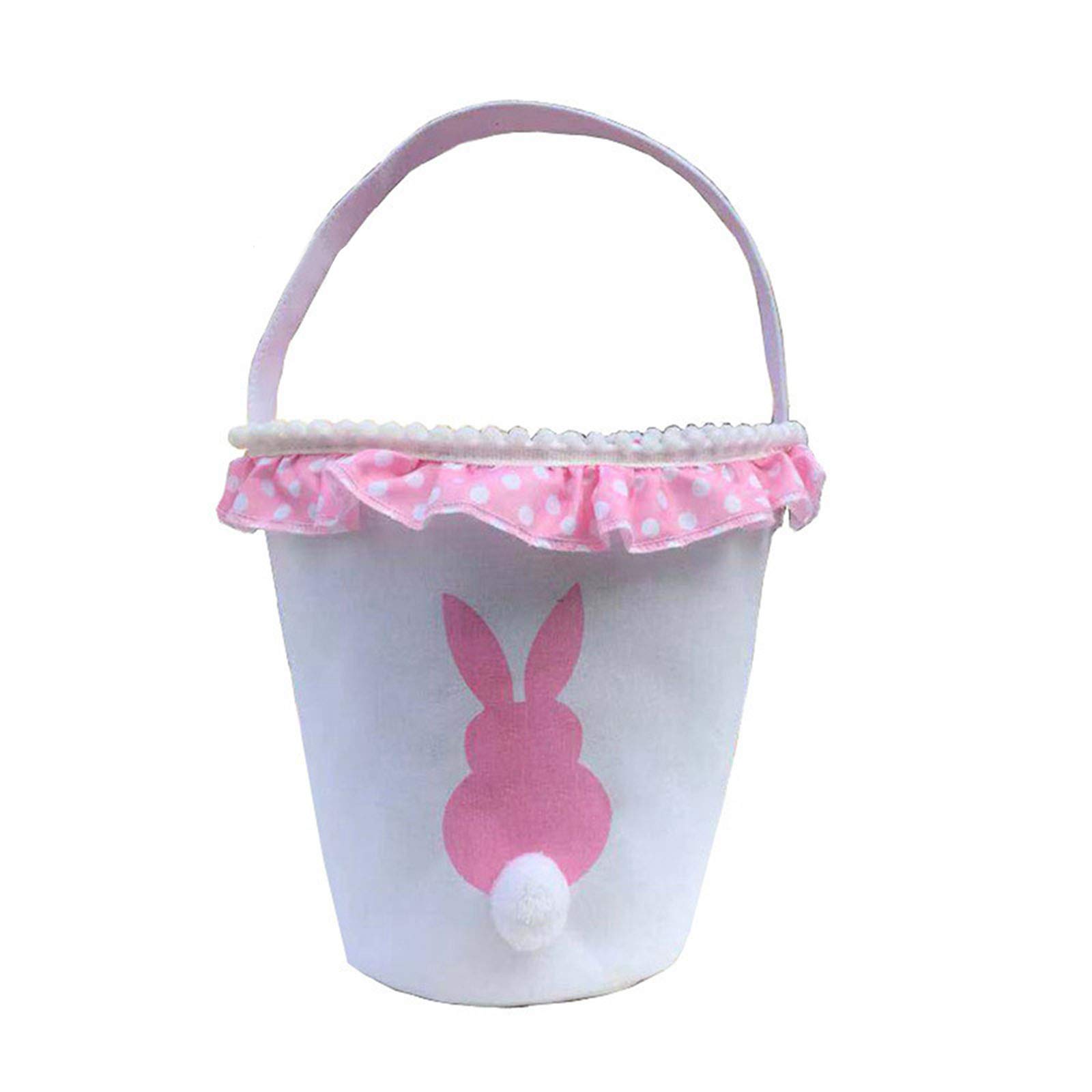 Easter Bunny Basket Egg Bags for Kids - Personalized Canvas Candy Egg Basket with Rabbit Print & Fluffy Tail - Pink Easter Gift Bags for Egg Hunts, Party Favors & Spring Celebrations