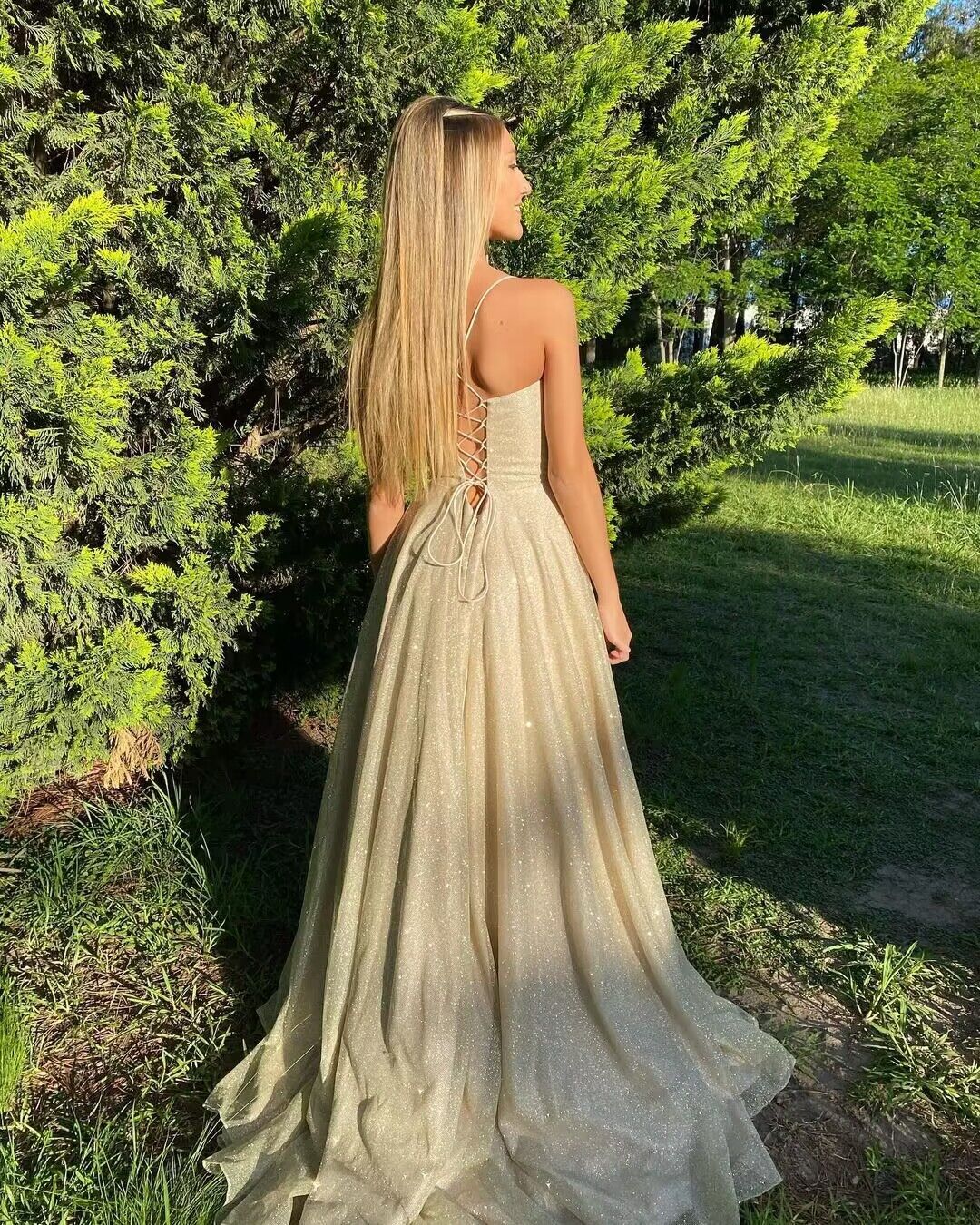 Elegant Champagne Shiny A-Line Long Prom Dress with High Slit - Formal Evening Gown for Homecoming, Ball, Wedding & Special Occasions (Style J2898)