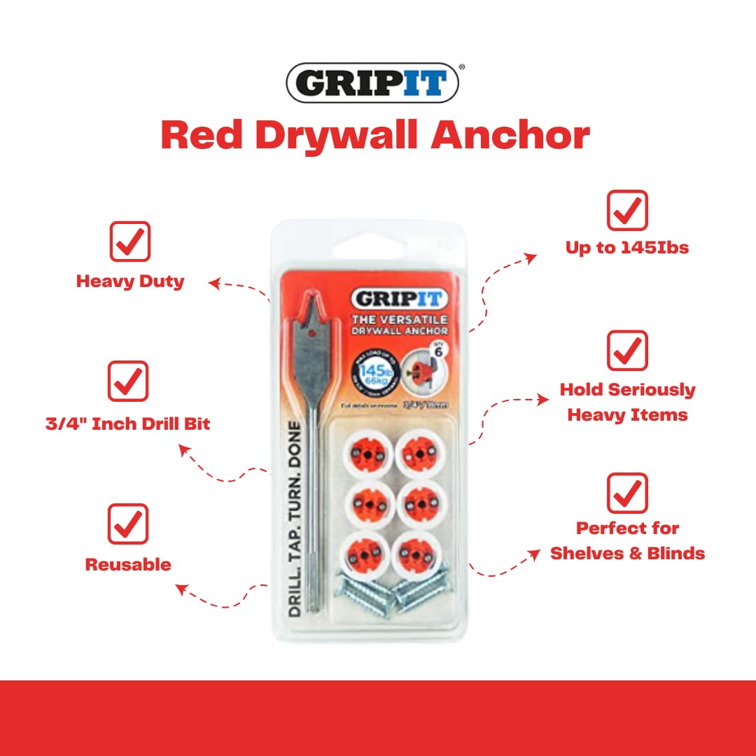 Heavy Duty Red Drywall Anchors Kit (145 lbs Capacity) - Includes Wall Anchors, Screws & 3/4