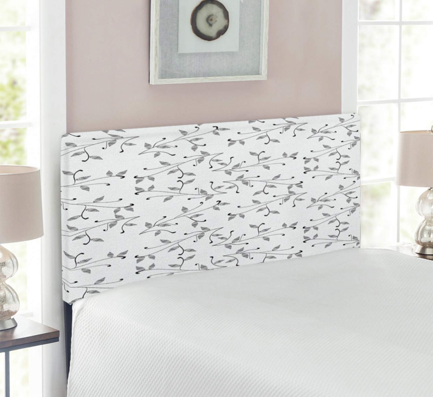 Ambesonne Minimalist Leaf Pattern Headboard - Twin Size Upholstered Metal Bed Frame with Memory Foam in Grey White | Monochrome Botanical Design for Modern Bedrooms | Perfect for Eco-Friendly Home Decor & Small Space Living