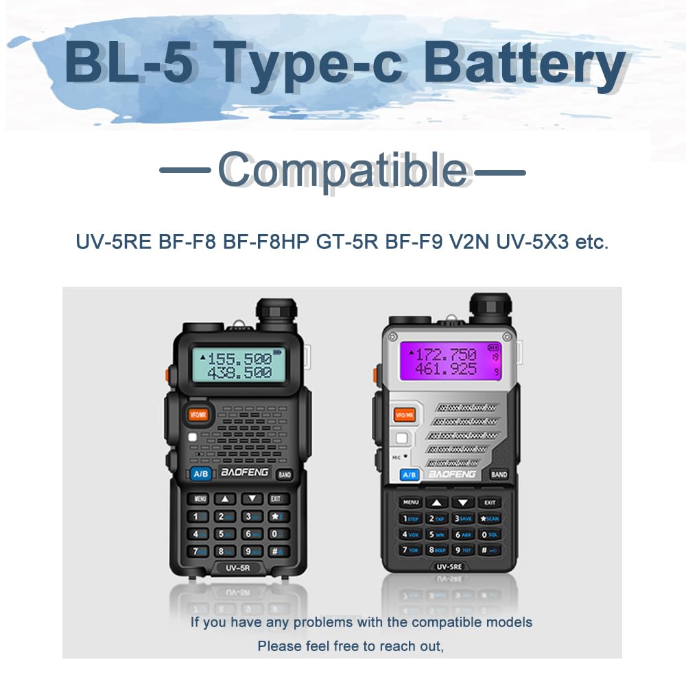 BAOFENG UV-5R Extended 3800mAh Battery with USB-C Charger (2 Batteries + 2 Cables) - Compatible with BF-F8HP, UV-5X3, RD-5R, UV-5RTP Walkie Talkies - Perfect for Outdoor Adventures, Emergency Preparedness & Security Work