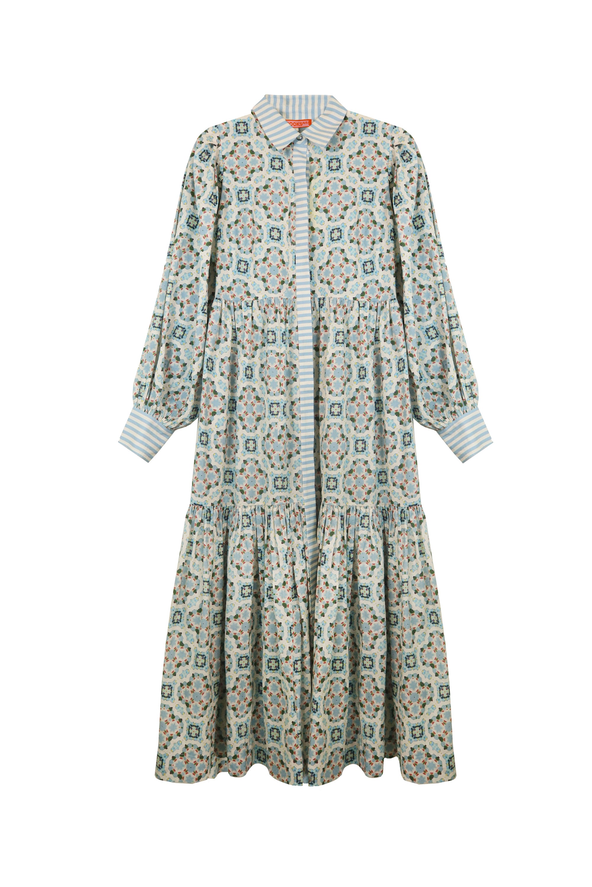 Laura Long Sleeve Quatrefoil Print Dress in Blue & Ivory - Elegant Office Wear & Casual Party Outfit