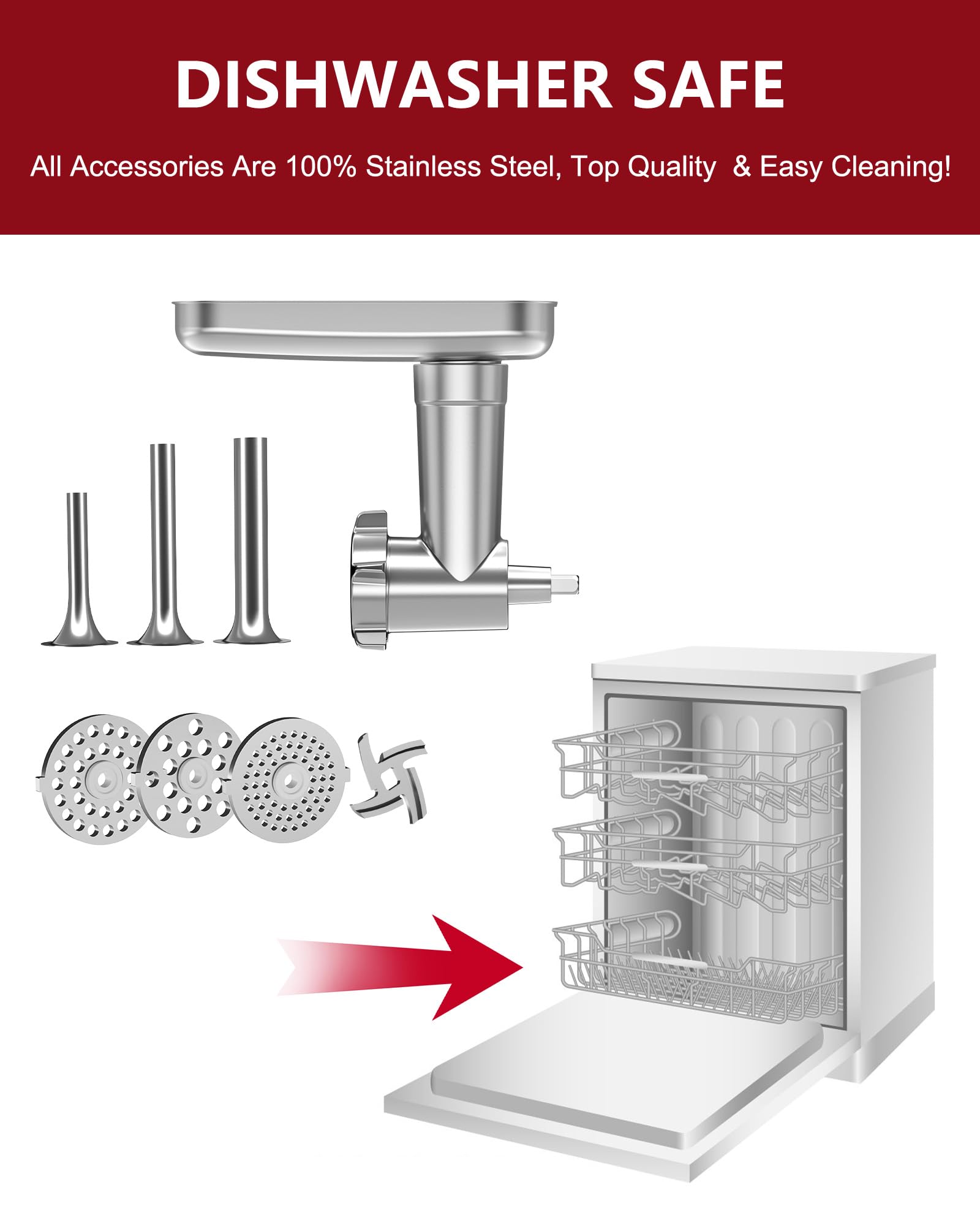 Stainless Steel Food Meat Grinder Attachment for KitchenAid Stand Mixers - 4 Blades & 3 Sausage Stuffer Tubes - Dishwasher Safe - Perfect for Homemade Burgers, Sausages & Pet Food