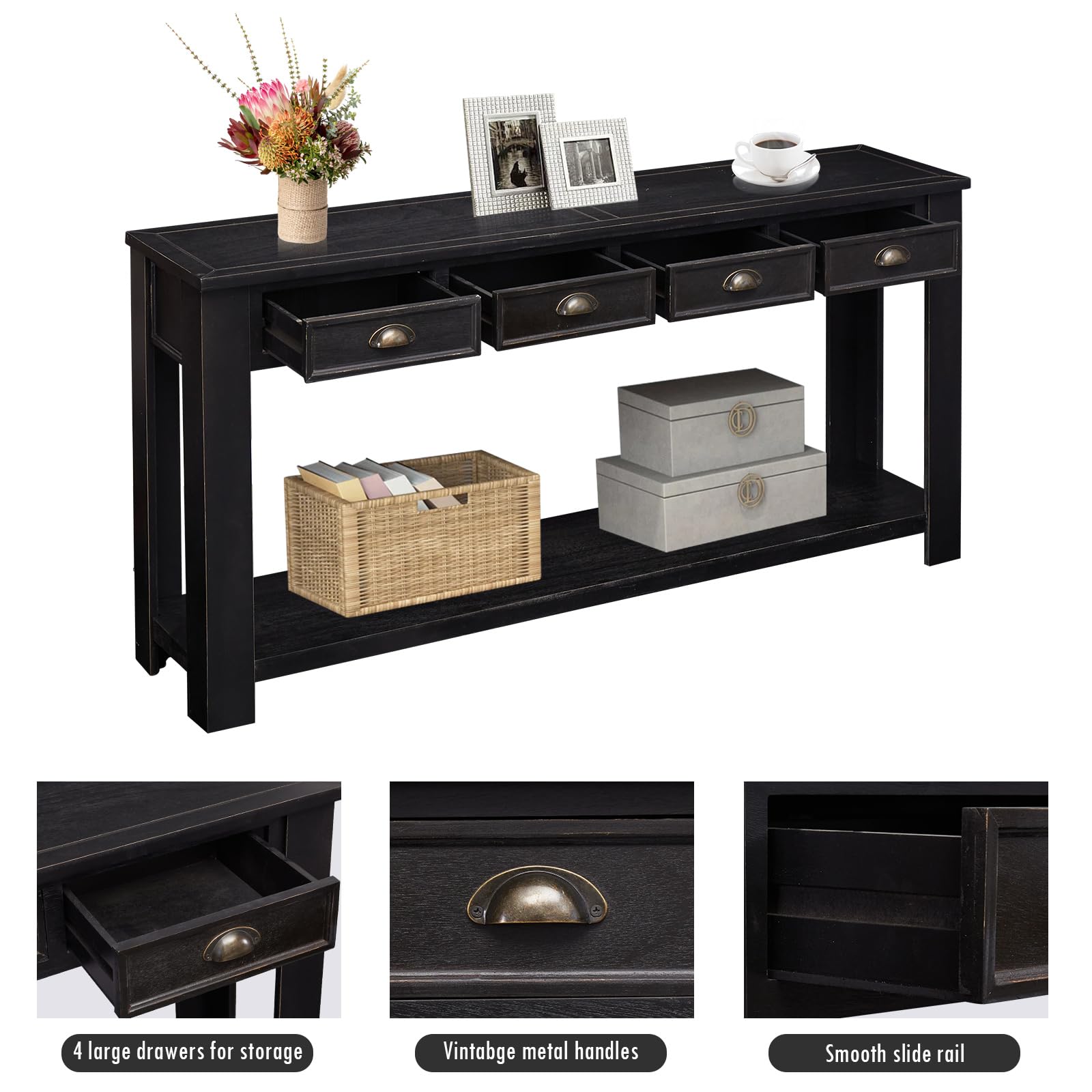 Kinbor Wooden Sofa Console Table with 4 Drawers & Storage Shelf - Entryway, Hallway & Living Room Furniture - Perfect for Small Space Organization & Home Decor