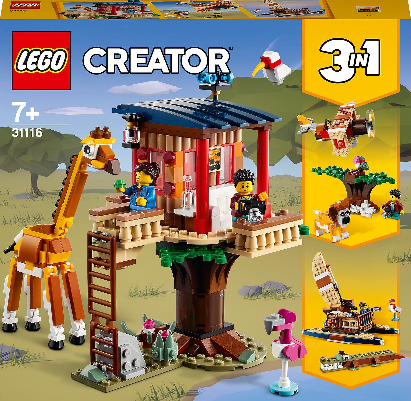 LEGO 31116 Creator 3-in-1 Safari Tree House Building Toy Set with Boat, Airplane & Savanna Animal Minifigures - Creative Construction Playset for Kids, Perfect for Imaginative Play and Safari Adventures