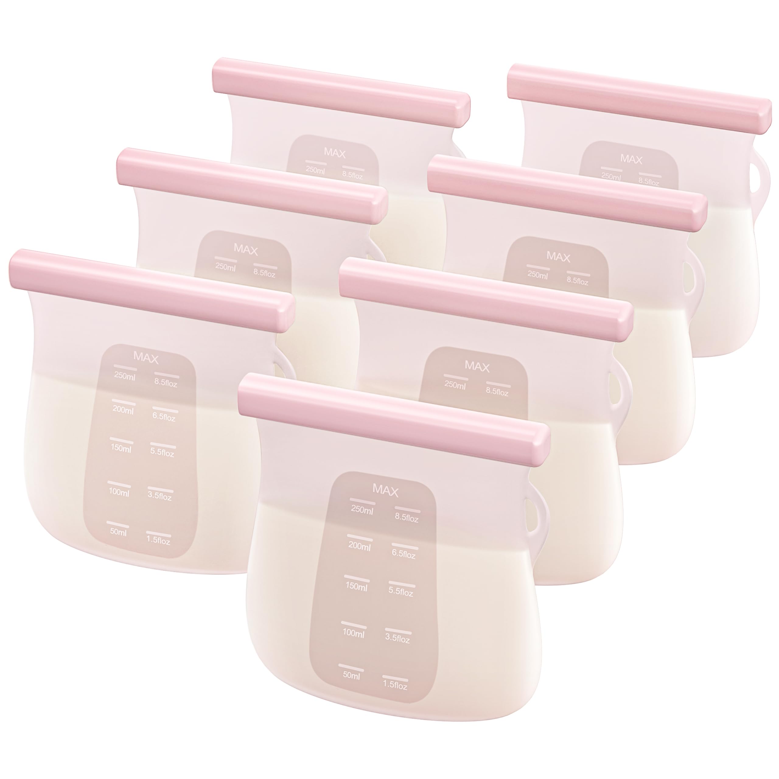 JellyRuru 7-Pack Reusable Breast Milk Storage Bags - 8.5oz/250ml BPA-Free Silicone Freezer Containers for Breastmilk - Leakproof, Self-Standing Baby Food Storage Bags - Perfect for Pumping, Freezing & Organizing Breast Milk at Home or On-the-Go