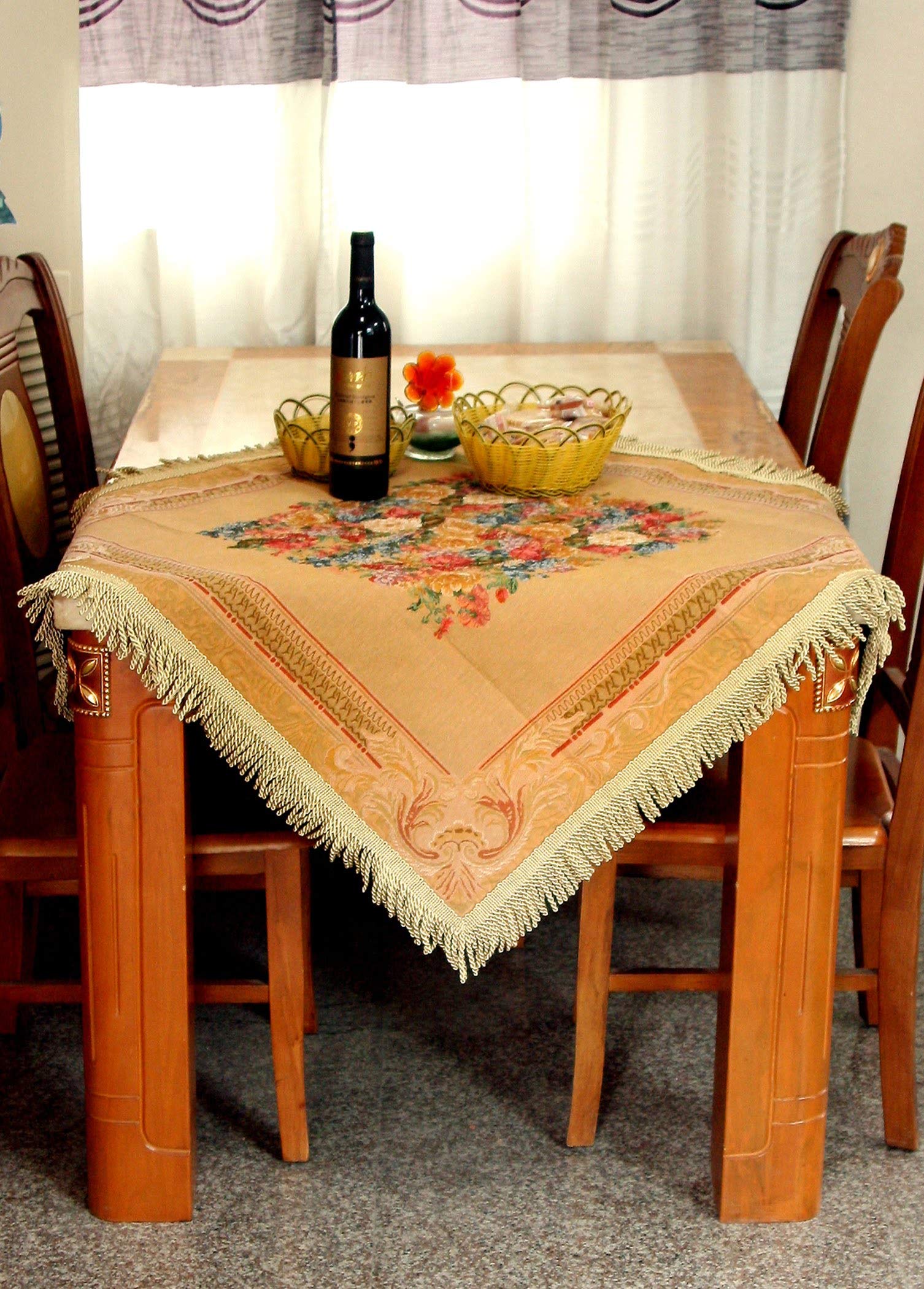 Rustic Floral Beige Gold Brown Coffee Table Cover - 36x36 Inch Square Tablecloth for Farmhouse Decor, Morning Tea & Living Room Accent