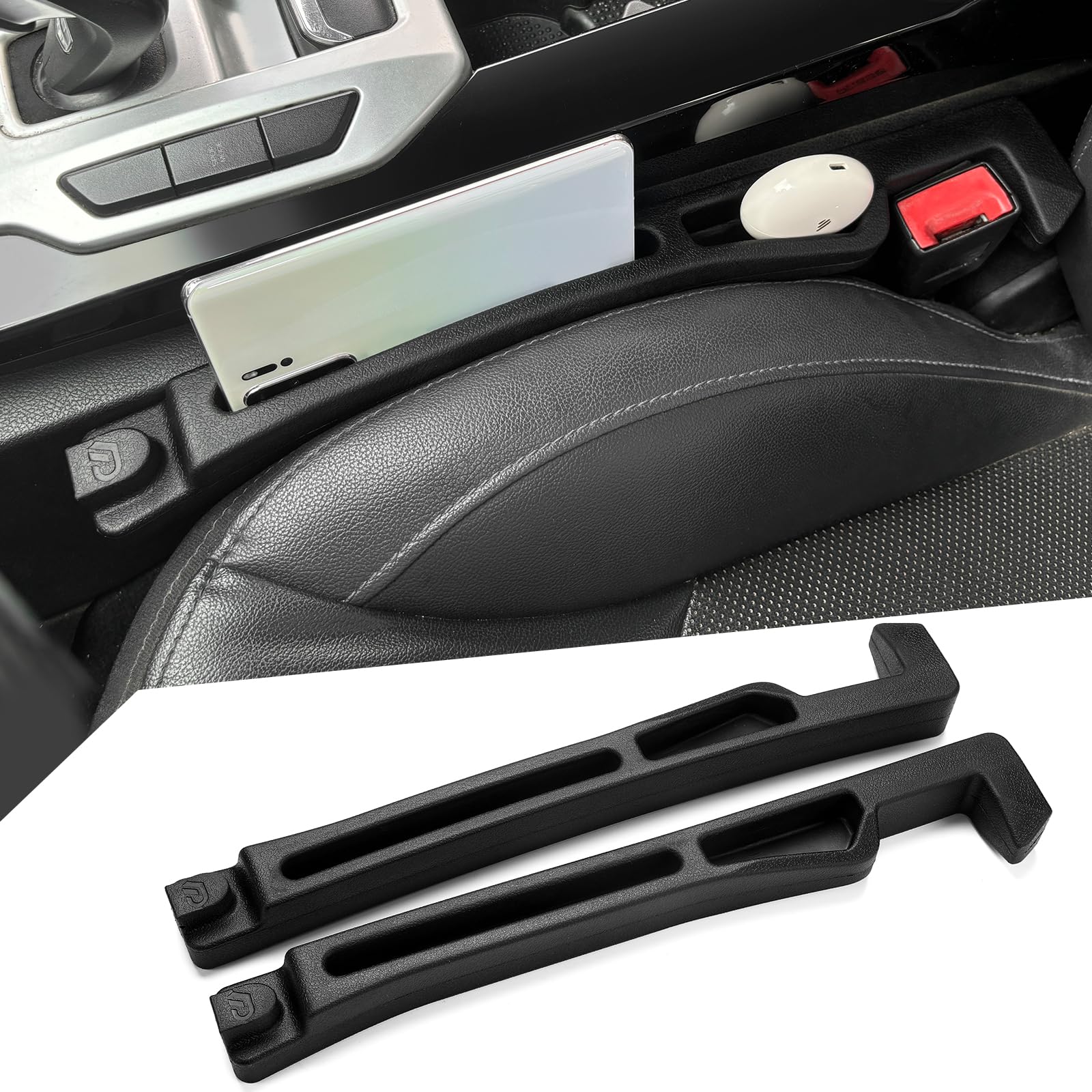 Universal Car Seat Gap Filler with Organizer & Hook - 2 Pack Black - Prevent Items from Falling in SUV, Truck, Sedan - Perfect for Phones, Keys & Small Essentials While Driving