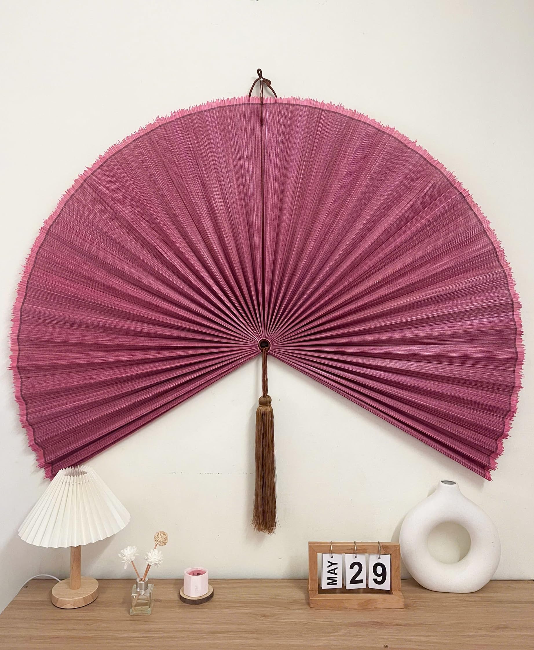 Japanese Bamboo Fan Wall Decor - Large 48 Inch Boho Hanging Fan for Bedroom Headboard, Over Bed Decoration, Living Room & Patio - Raspberry Folding Fan Art for Home & Office Interior Design