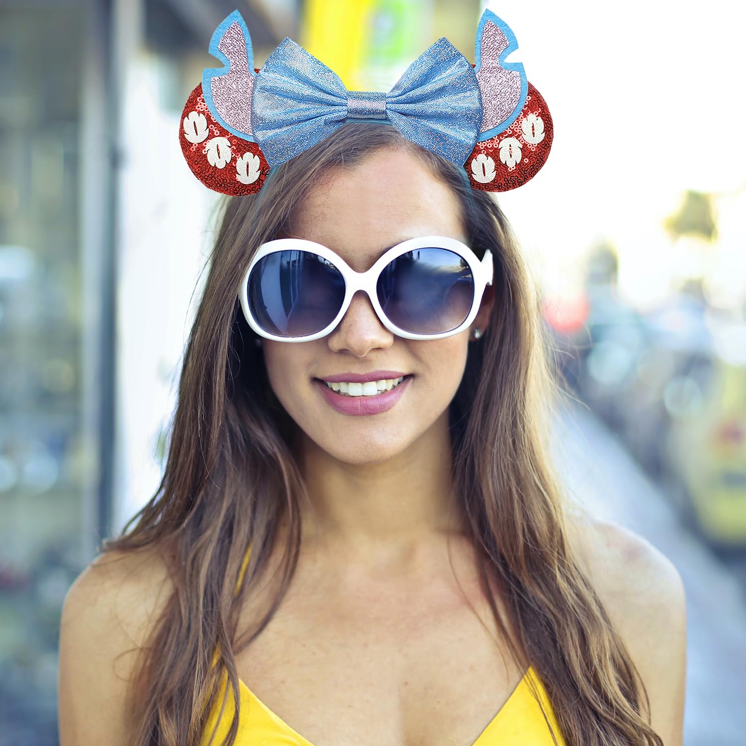 Sparkly Sequin Mouse Ears Headband for Women - Blue & Red Disney Inspired Hair Accessory for Theme Parks, Halloween Costumes, Birthday Parties & Cosplay Events