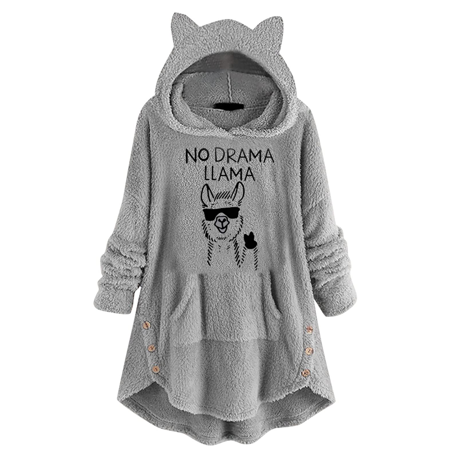 Women's Front Zip Fleece Sweatshirt - Long Sleeve Cat Ear Hoodie with Cute Print & Button Pocket | Cozy Winter Wear for Casual Outings, Street Fashion & Loungewear