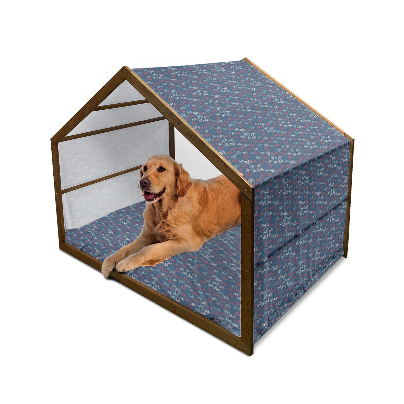 Ambesonne Wooden Dog House for Bicycles - Colorful Retro City Race & Bike Sketch Design on Blue Background - Indoor/Outdoor Portable Pet Kennel with Pillow & Cover - 2X-Large Multicolor - Perfect for Cycling Enthusiasts & Urban Pet Owners
