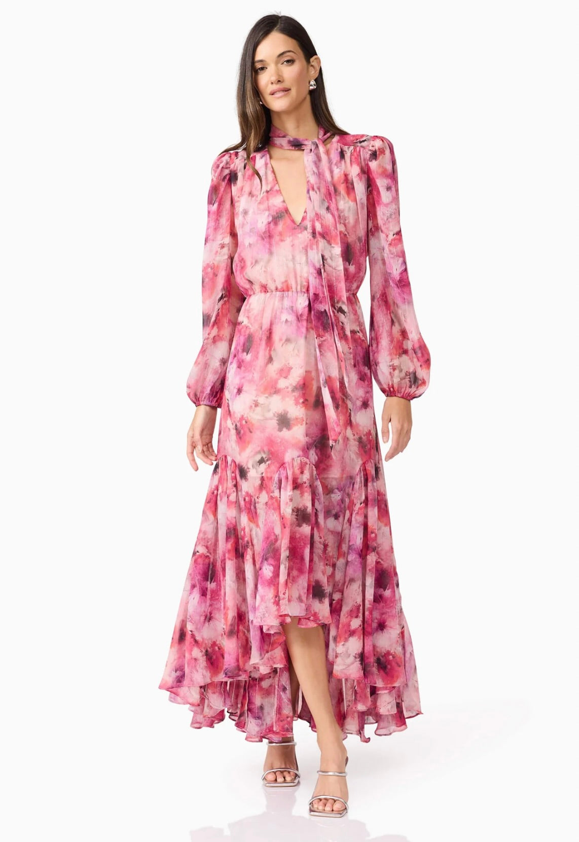Evalina Women's Long Sleeve Maxi Dress - Soft Pink Flowy Elegant Formal Dress for Wedding Guest, Party, Evening Occasions