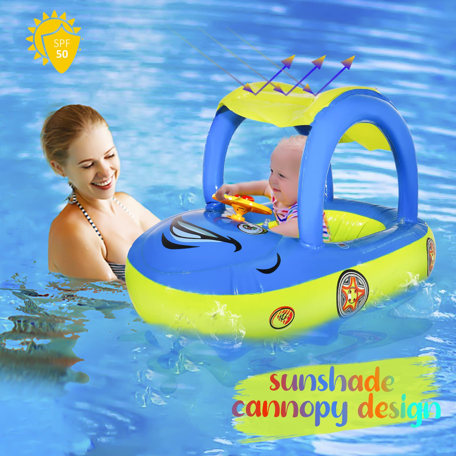Baby Pool Float with UPF 50+ Canopy - Car Shaped Toddler Swim Float Boat, Infant Swim Ring for Summer Pool & Beach Play, Outdoor Water Fun for Kids