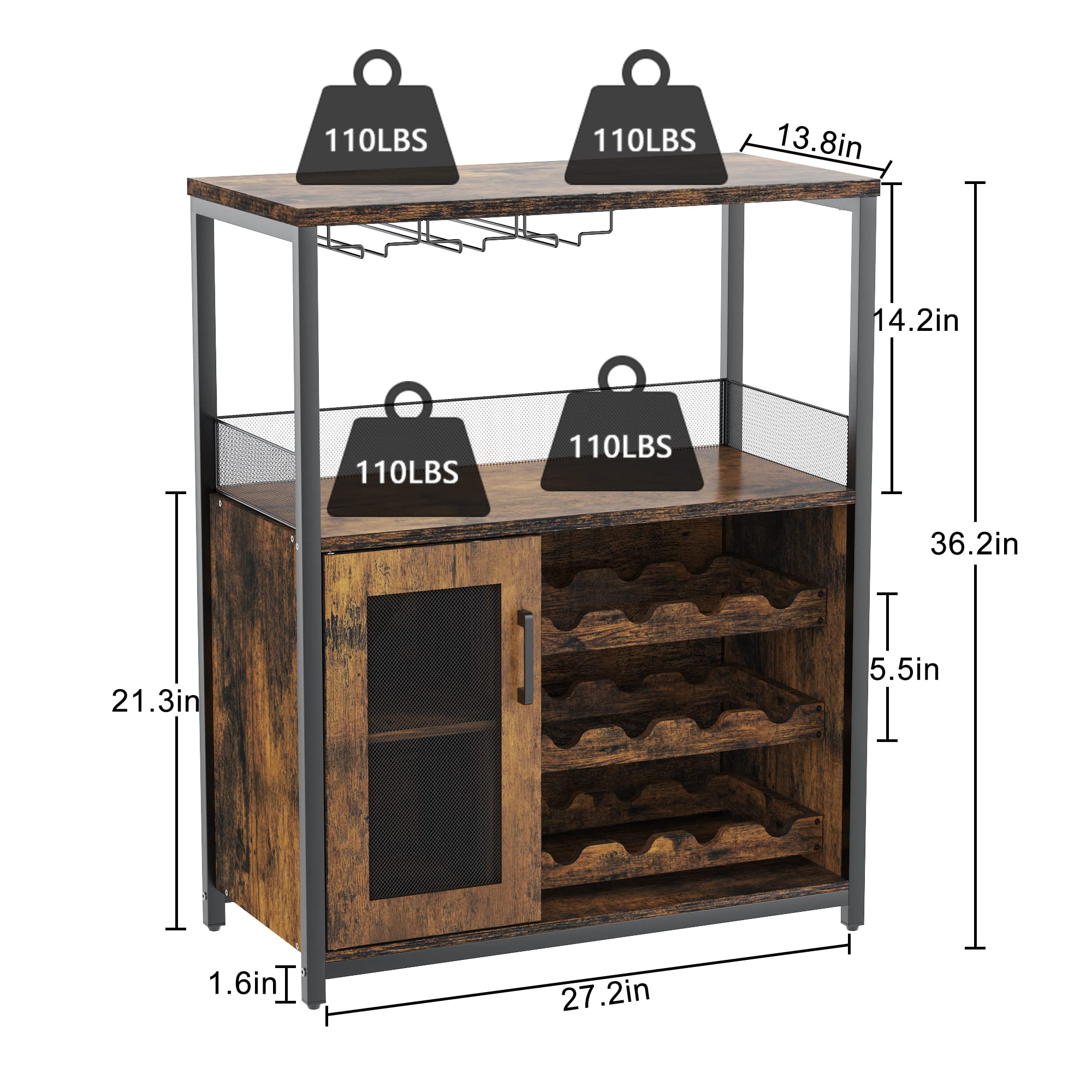 Rustic Brown Wine Bar Cabinet with Detachable Wine Rack - Industrial Coffee Bar Sideboard with Storage | Farmhouse Buffet Cabinet for Kitchen, Dining & Living Room | Perfect for Home Bars, Entertaining & Wine Storage