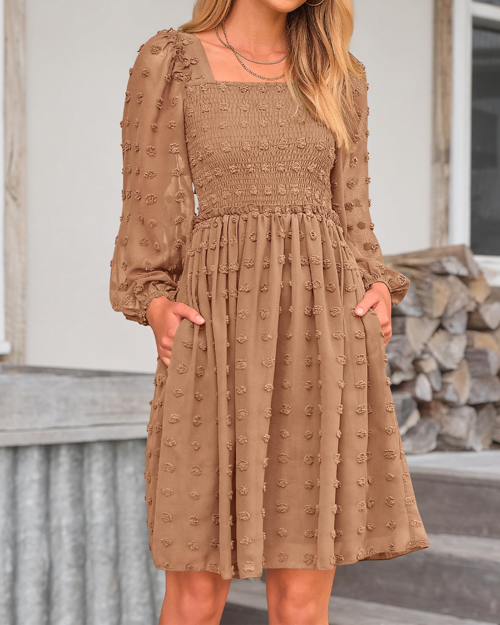 BTFBM Women's Floral Swiss Dot Smocked Mini Dress - Square Neck Long Sleeve Boho Style for Spring Summer 2025 | Perfect for Wedding Guest, Garden Party & Casual Outings