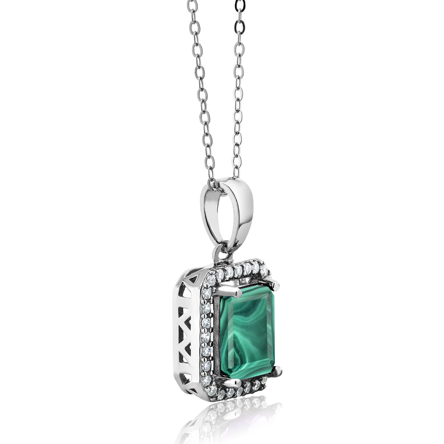 Gem Stone King 925 Sterling Silver Emerald Cut 9X7MM Birthstone Halo Pendant Necklace for Women with 18 Inch Silver Chain | Perfect Gift for Birthday, Anniversary & Mother's Day | Elegant Jewelry for Everyday Wear & Special Occasions