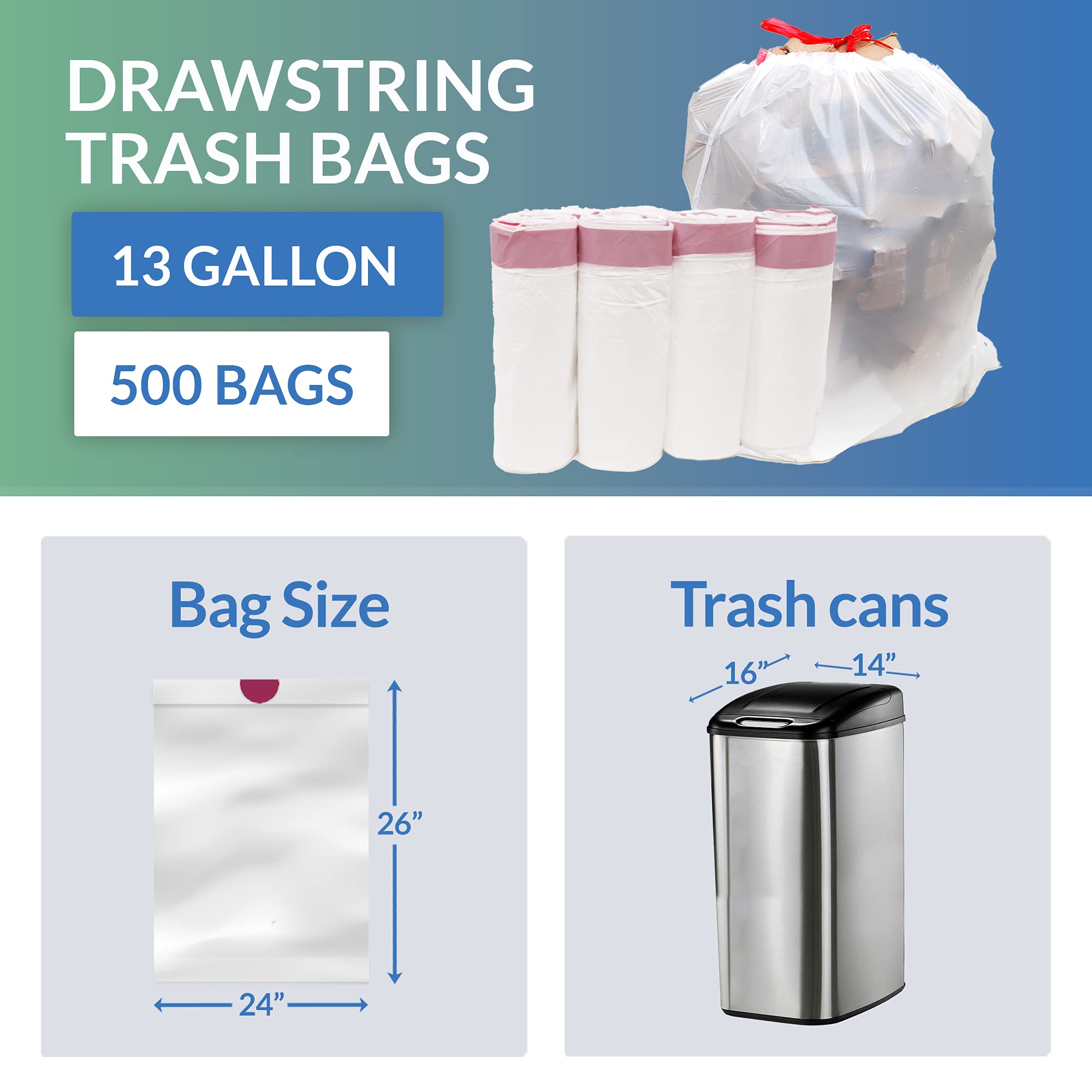 Reliable Tall Kitchen Drawstring Trash Bags 13 Gallon - 500 Count Bulk Pack | Heavy Duty White Kitchen Garbage Bags | Fits 13-16 Gallon Trash Cans | Perfect for Home, Office & Restaurant Use