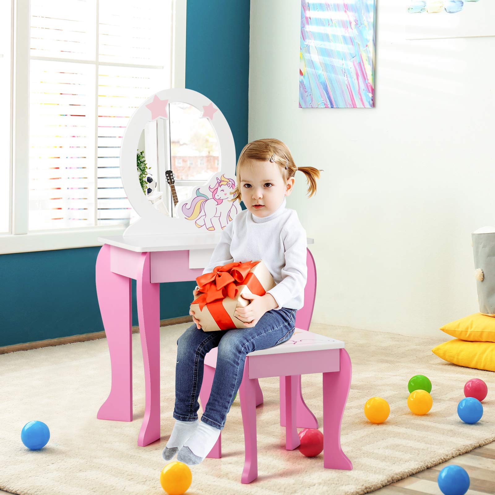 **Pink Princess Vanity Set for Toddler Girls - Kids Makeup Table with Stool, Detachable Mirror & Storage Drawer - Pretend Play Dressing & Makeup Toy for Birthday Gifts & Room Decor**