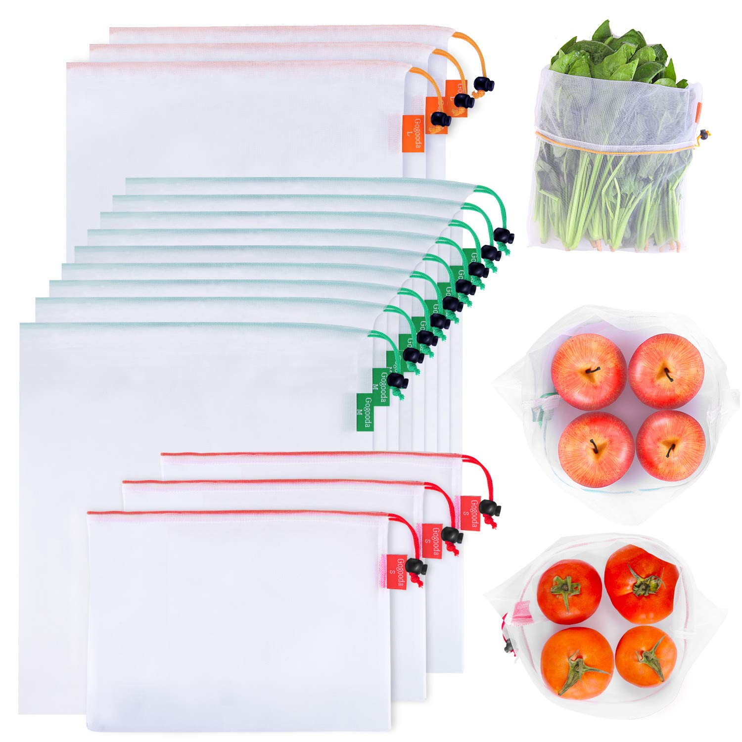GOGOODA 15-Pack Reusable Mesh Produce Bags - 3 Sizes (3 Large, 9 Medium, 3 Small) with Drawstring & Tare Weight Tags - Washable, Lightweight, See-Through Grocery Bags for Farmers Market, Grocery Shopping & Zero Waste Lifestyle