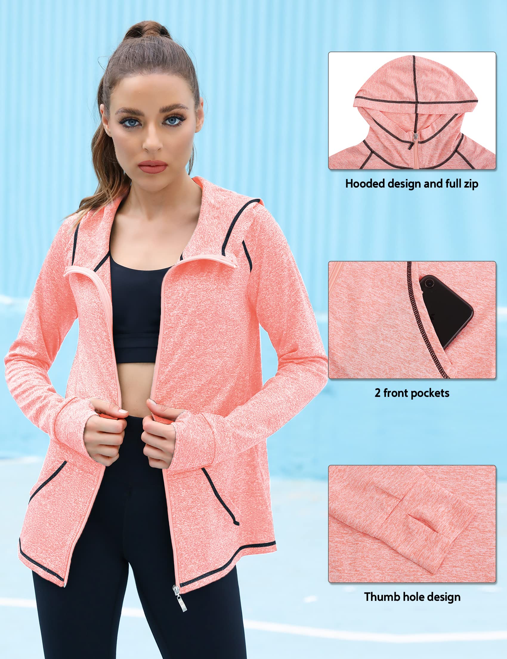 Sykooria Women's Lightweight Zip Hooded Jacket - Long Sleeve Sports Sweatshirt with Pockets for Running, Yoga & Fitness - Perfect for Outdoor Workouts & Casual Wear