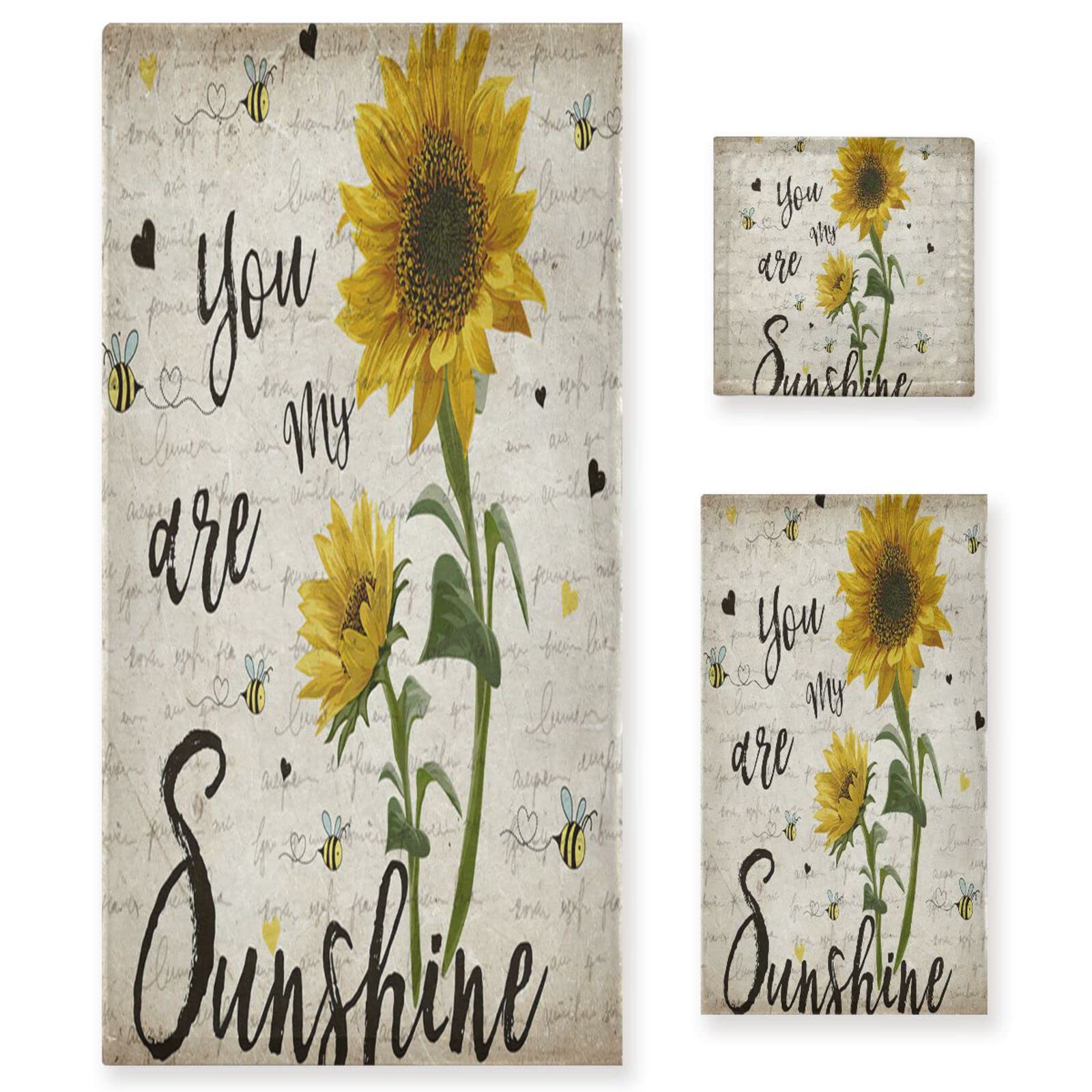 You Are My Sunshine Yellow Sunflower Honey Bees Retro Newspaper Soft Absorbent 3-Piece Bath Towel Set - 1 Bath Towel, 1 Hand Towel, 1 Washcloth - Perfect for Spa, Gym & Farmhouse Bathroom Decor