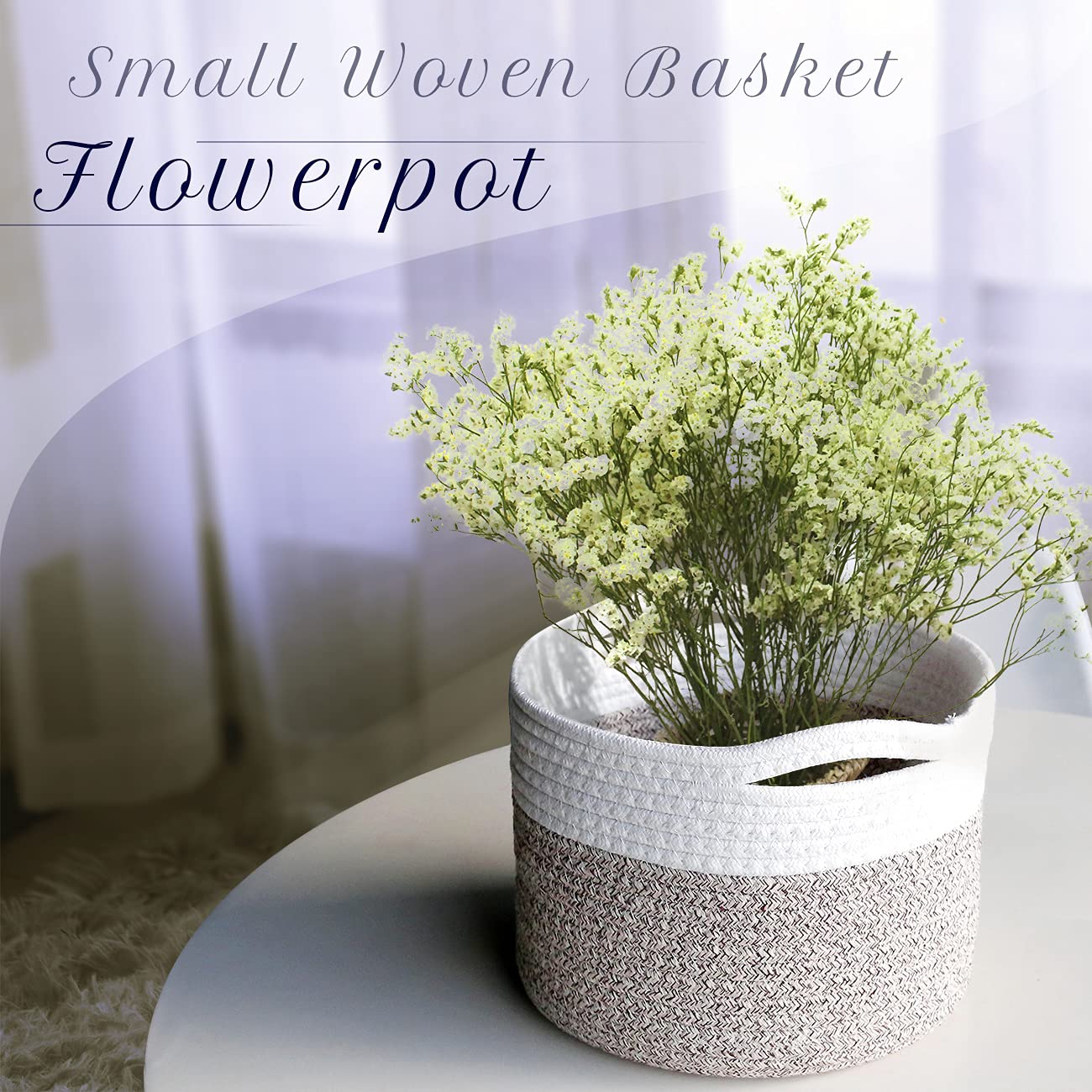 Round Woven Rope Basket with Handle - 9.5x9.5x7.1 Inch Cotton Storage Basket for Nursery, Shelf & Home Decor - Brown Beige Mixed Design - 8.2L Capacity - Perfect for Baby Room Organization, Bathroom Towels & Living Room Storage