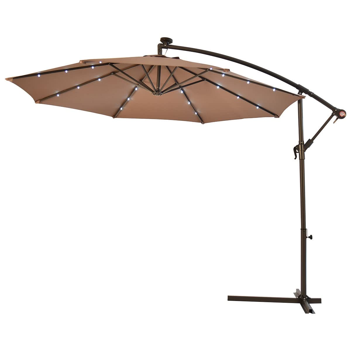 10' Solar LED Hanging Umbrella for Patio - Walnut Tan Sun Shade with Cross Base | Solar Powered Outdoor Market Umbrella | Perfect for Backyard, Poolside & Outdoor Dining Areas