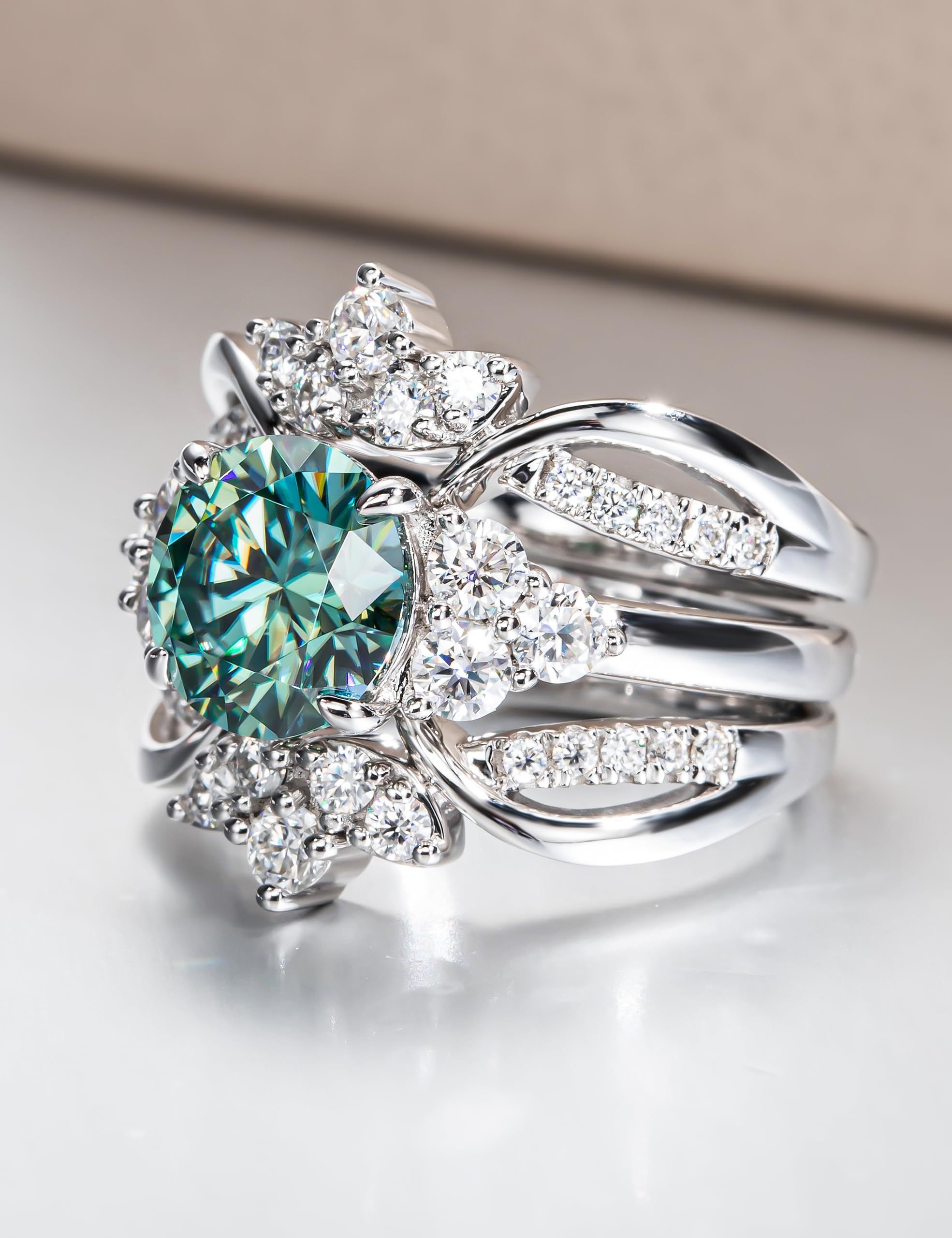 3.0 Carat Fancy Vivid Blue Green Moissanite Ring | 3.6 CTTW VVS D-Color Certified | Platinum Plated Silver Wedding Band | Elegant Engagement & Anniversary Ring for Women | Perfect for Proposals, Bridal Jewelry & Special Occasions