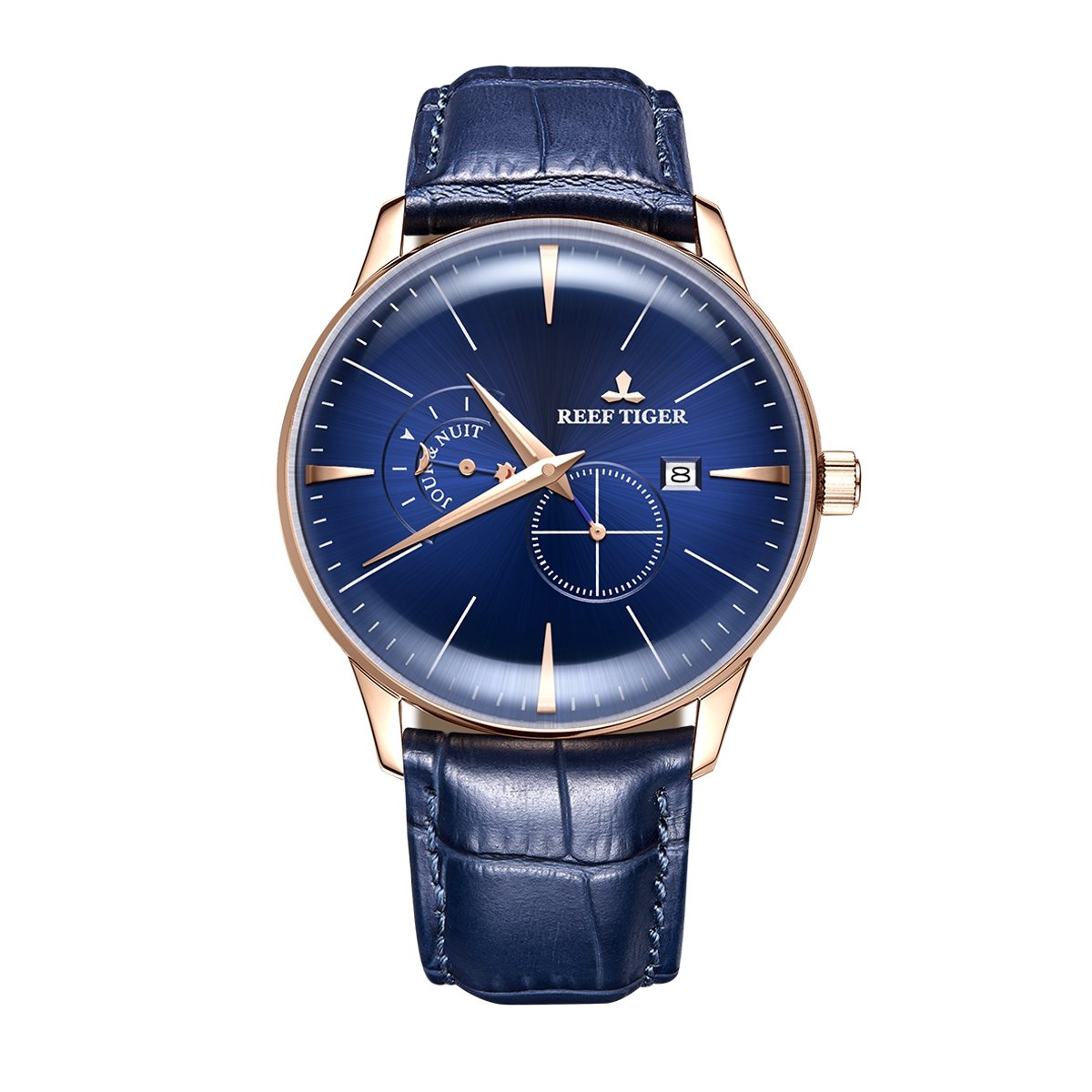 REEF TIGER Luxury Automatic Dress Watch for Men - Blue Dial, Waterproof, Stainless Steel, Analog Wristwatch RGA8219 (RGA8219-PLS) - Perfect for Business, Formal Events & Special Occasions