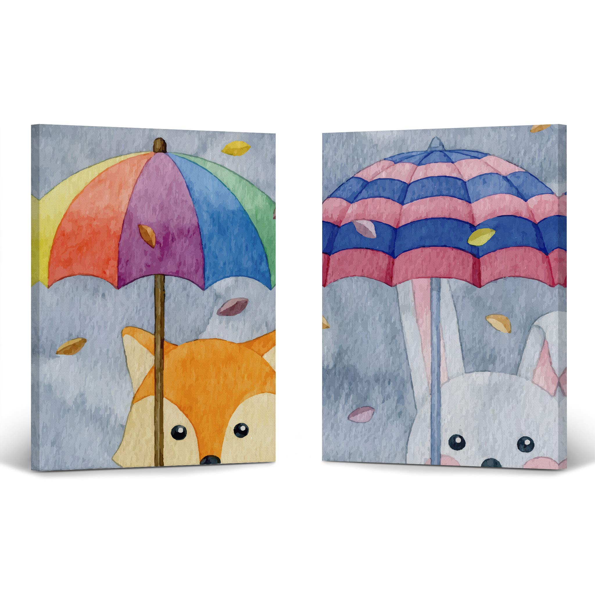 2-Piece Cute Fox & Rabbit Umbrella Painting Canvas Print Set - Autumn Gray Background - Kids Room Wall Art Decor for Baby Boy & Girl - Ready to Hang - Made in USA (22x15 inches) - Perfect for Nursery, Bedroom, Playroom & Gift Giving