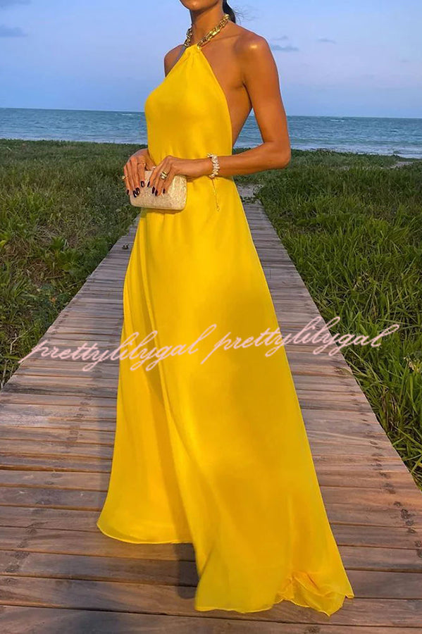Santorini Vacation Maxi Dress - Backless A-Line Halter Dress with Metal Chain Detail | Perfect for Beach Weddings, Summer Getaways & Boho Fashion