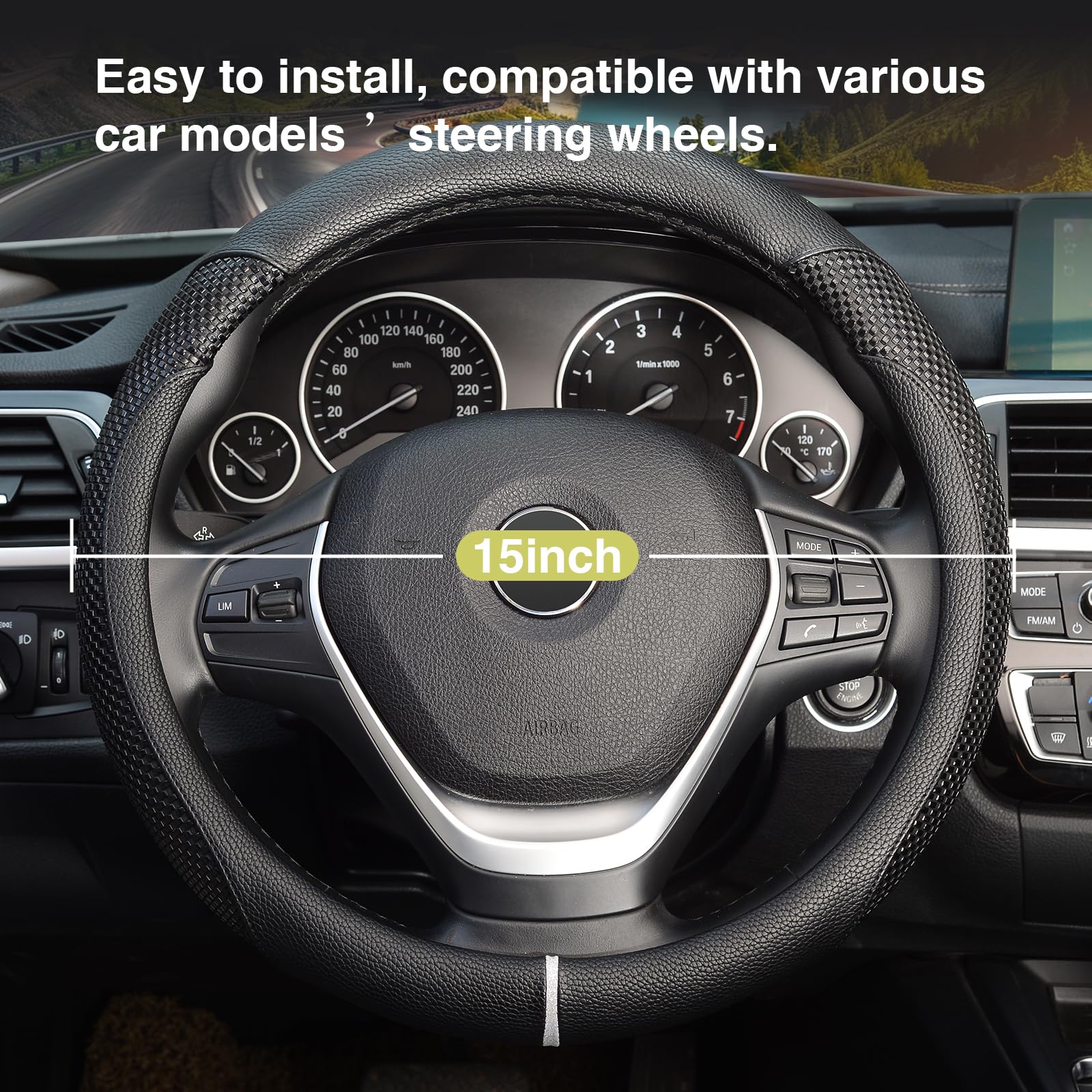 LABBYWAY Universal 15 Inch Microfiber Leather Steering Wheel Cover - Anti-Slip, Black | Perfect for Cars, Trucks & SUVs | Comfort Grip & Driving Safety