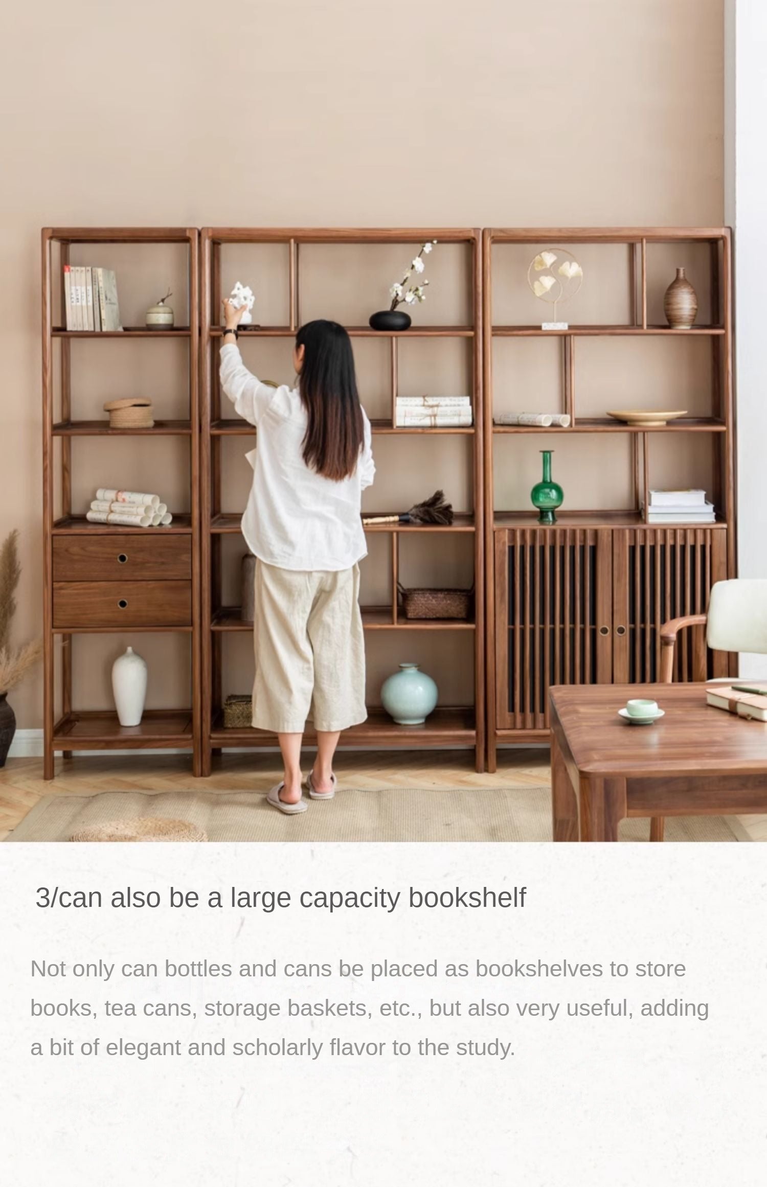 Solid Black Walnut & Ash Wood Bookshelf - Modern Bookcase with Display Cabinet & Wall Shelf for Living Room, Office & Library Storage